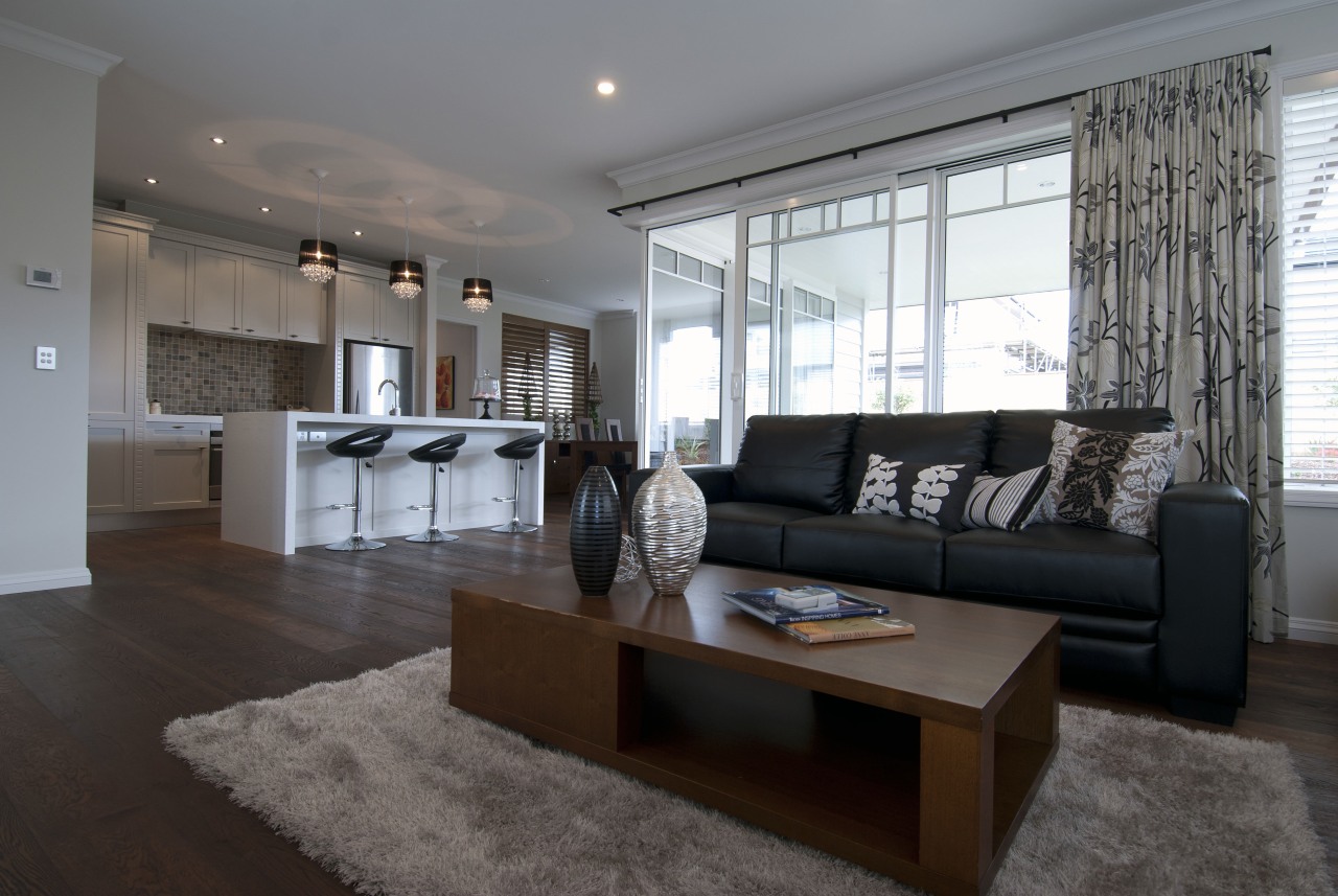 Modern living room feature black leather sofa with floor, flooring, furniture, interior design, living room, property, real estate, room, table, gray, black