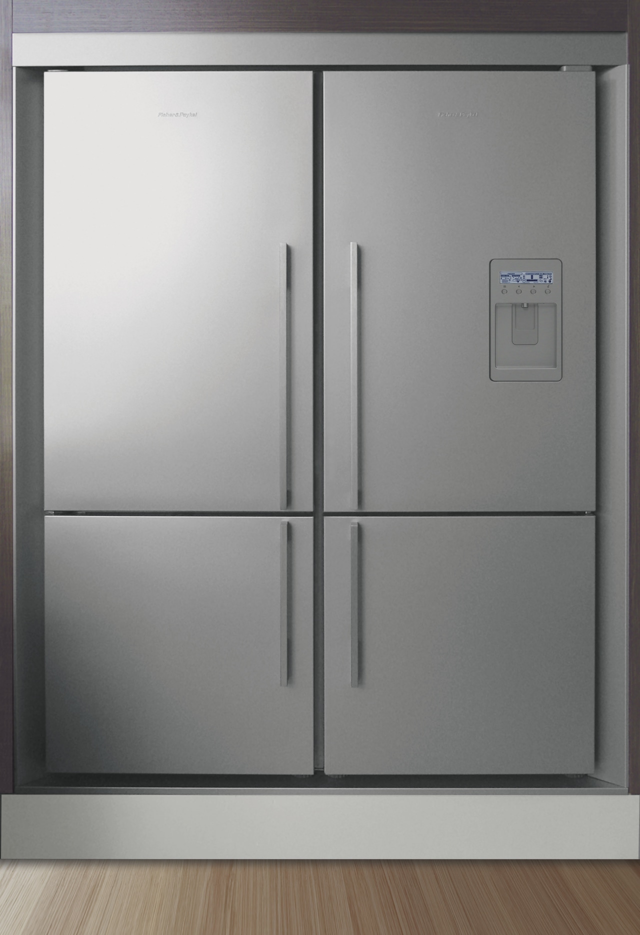 View of double door fridge. cupboard, home appliance, product, product design, gray
