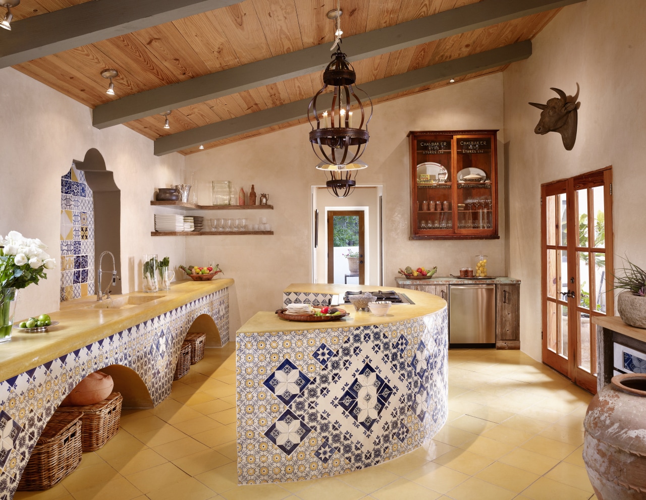 View of Spanish style kitchen with tile patterns ceiling, countertop, estate, home, interior design, kitchen, real estate, room, orange, brown