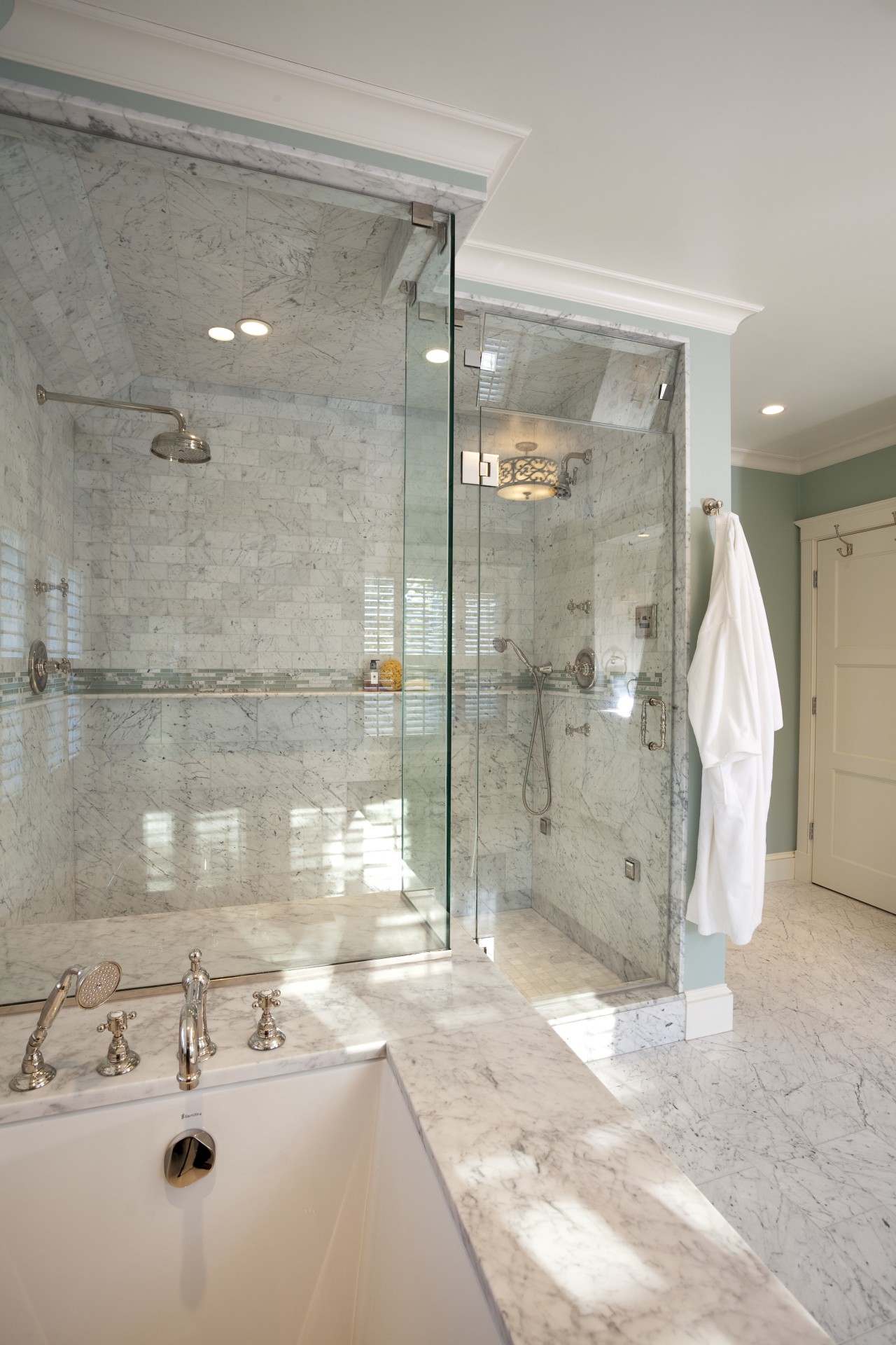 View of contemporary bathroom with large glass-walled shower. bathroom, ceiling, floor, glass, interior design, plumbing fixture, room, tile, gray