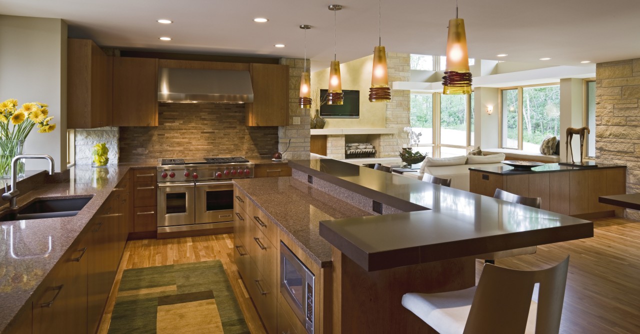 View of contemporary kitchen. countertop, flooring, interior design, kitchen, real estate, room, brown