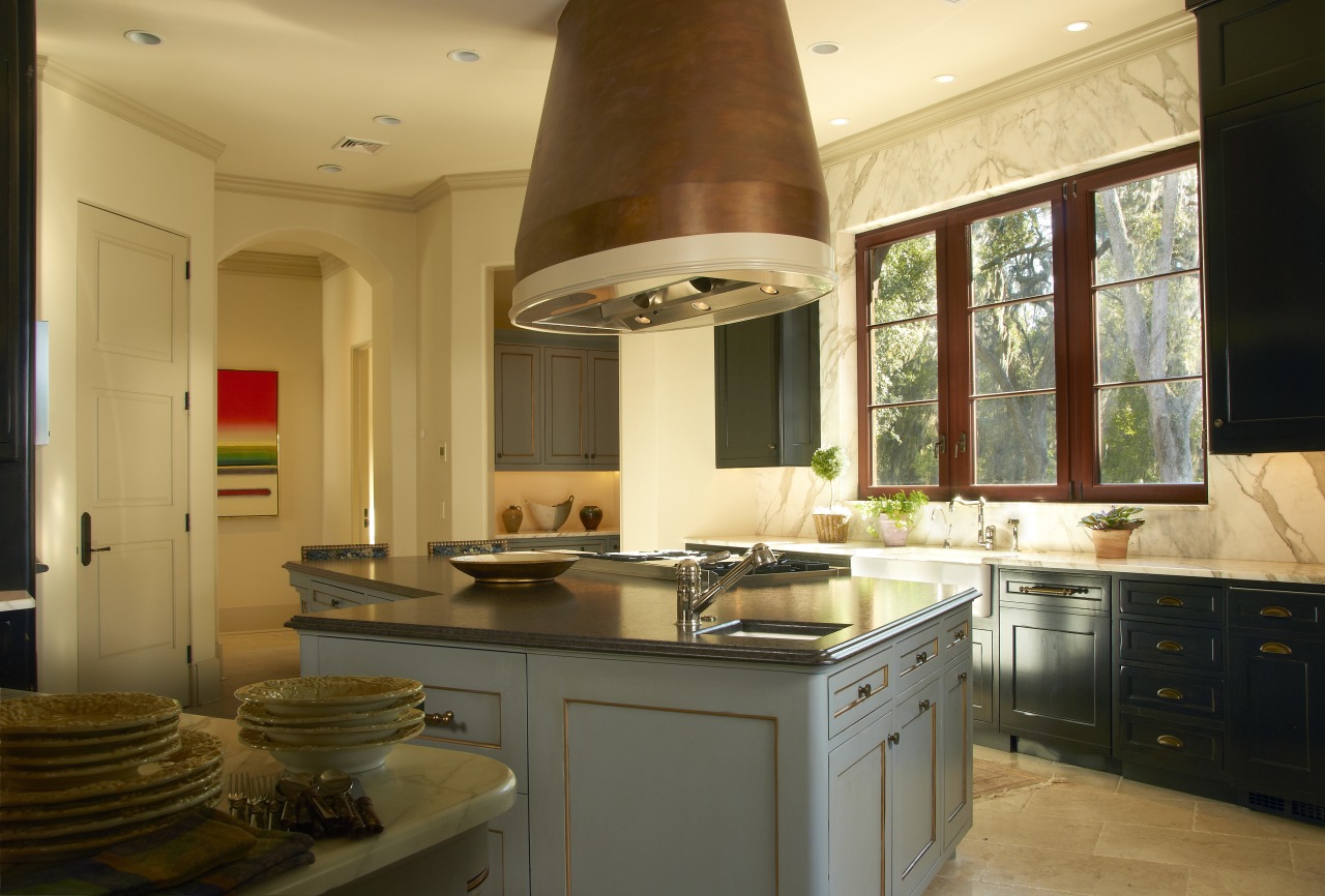 View of kitchen with island. cabinetry, countertop, cuisine classique, interior design, kitchen, real estate, room, brown, orange