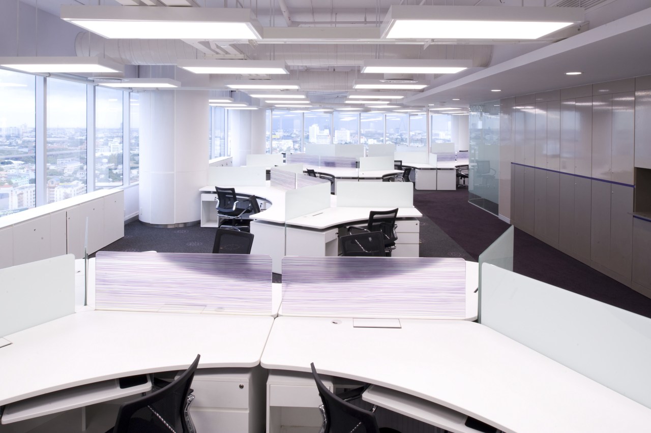 View of desks with dark carpeting. interior design, office, product design, white