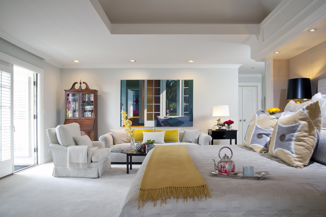 View of bedroom with white bedspread, yellow throw ceiling, estate, home, interior design, living room, property, real estate, room, wall, gray