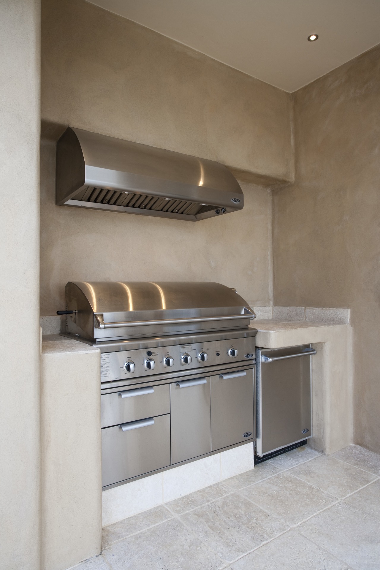 View of Fisher &amp; Paykel barbeque. cabinetry, countertop, cuisine classique, floor, flooring, hearth, home appliance, interior design, kitchen, kitchen stove, room, tile, wall, gray, brown