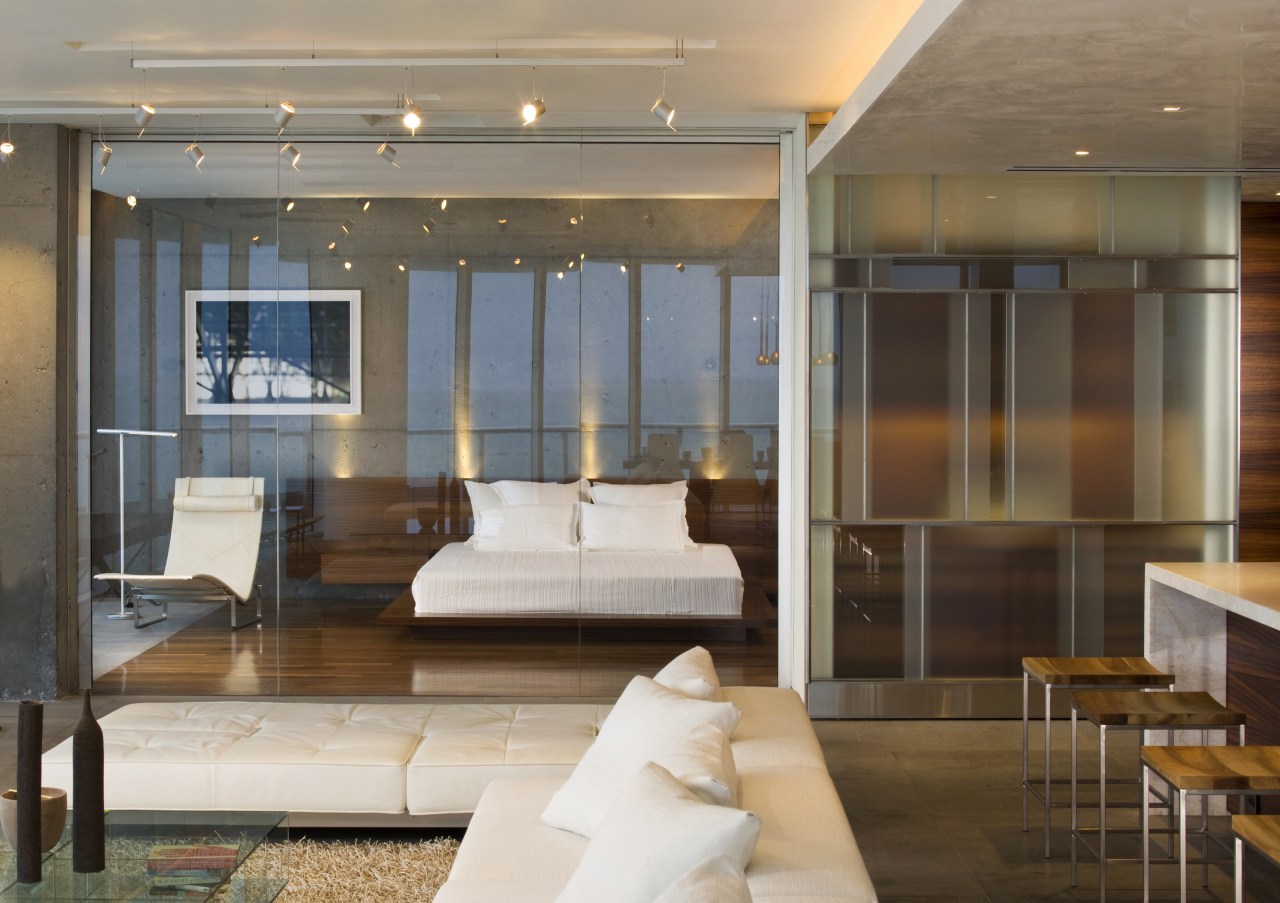 Living area and bedroom. architecture, ceiling, interior design, living room, lobby, brown, gray