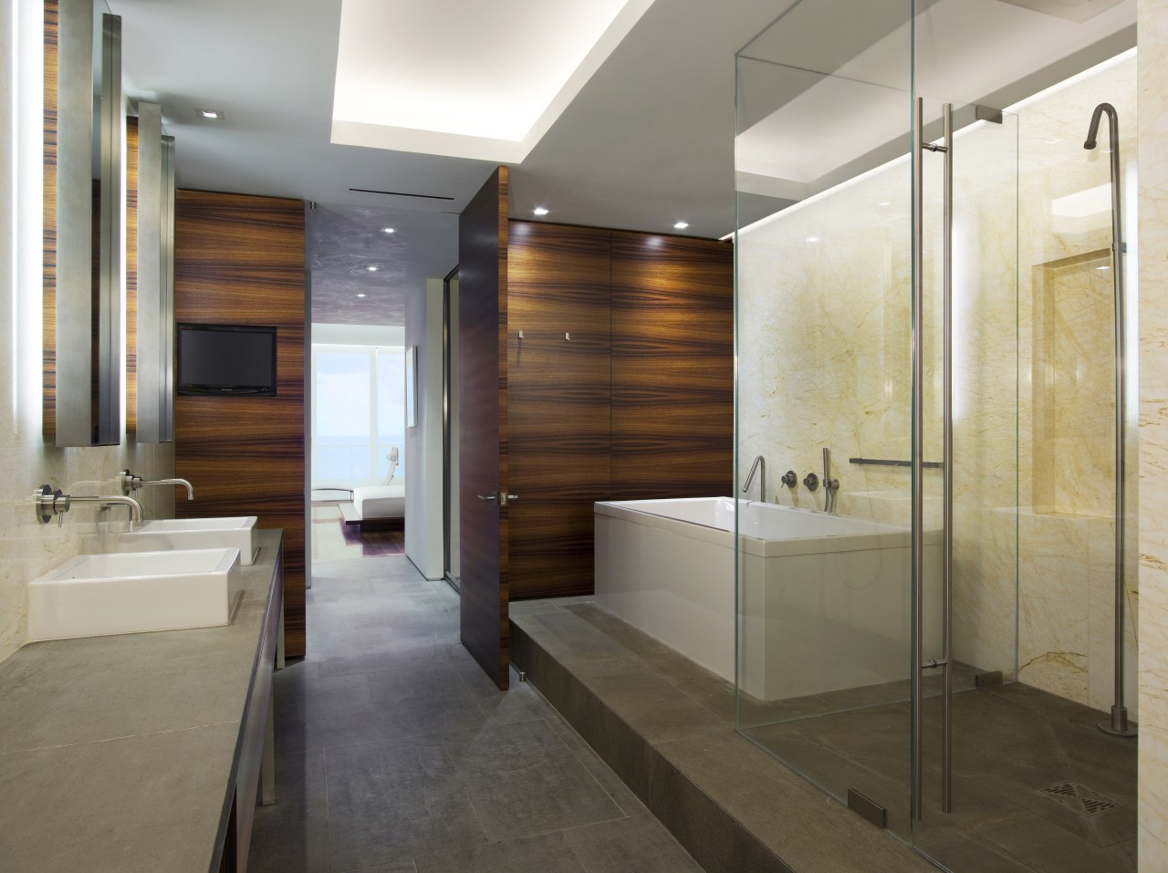 Master bathroom. With glass shower and bath. bathroom, cabinetry, countertop, floor, flooring, interior design, real estate, room, sink, brown, gray, white