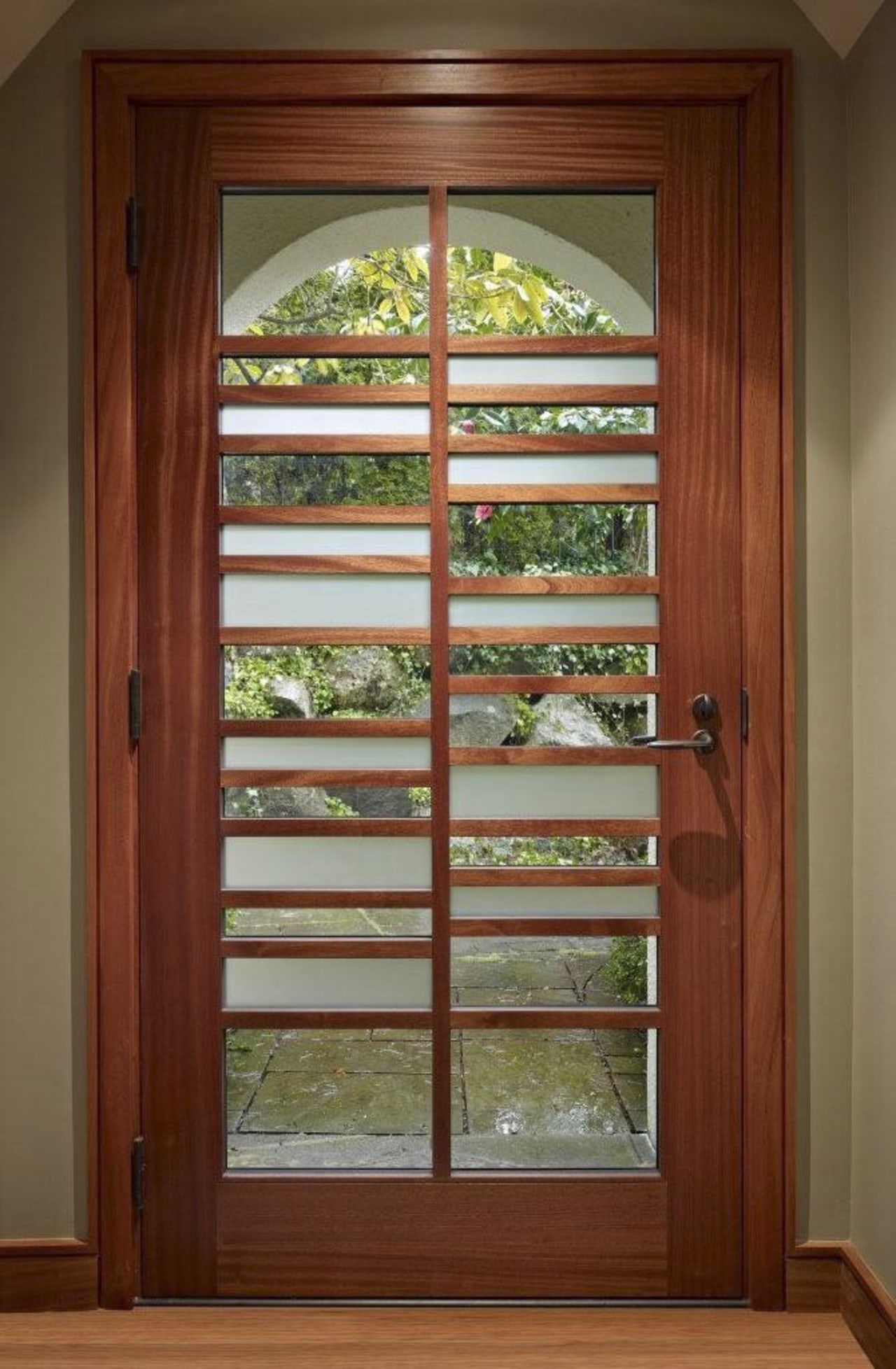 Wooden front door with glass panels. door, interior design, window, window covering, wood, brown, red