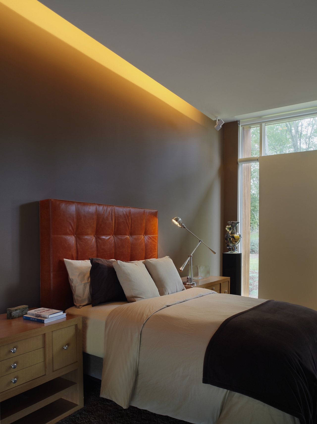 bedroom interior. fluorescent light stretched baove bed, white/grey architecture, bed, bed frame, bedroom, ceiling, daylighting, furniture, home, hotel, interior design, lighting, room, suite, wall, window, wood, black, gray