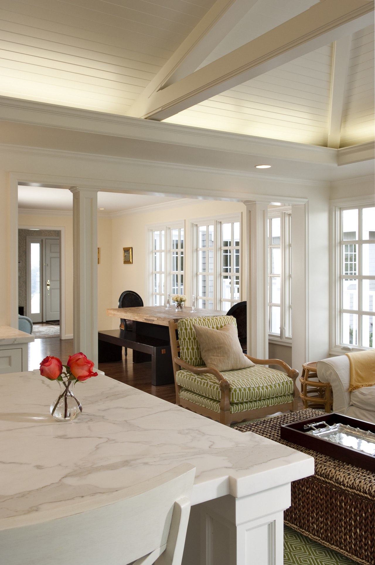 dining table-like island, carrara marble top, view of ceiling, floor, home, interior design, living room, room, table, window, gray