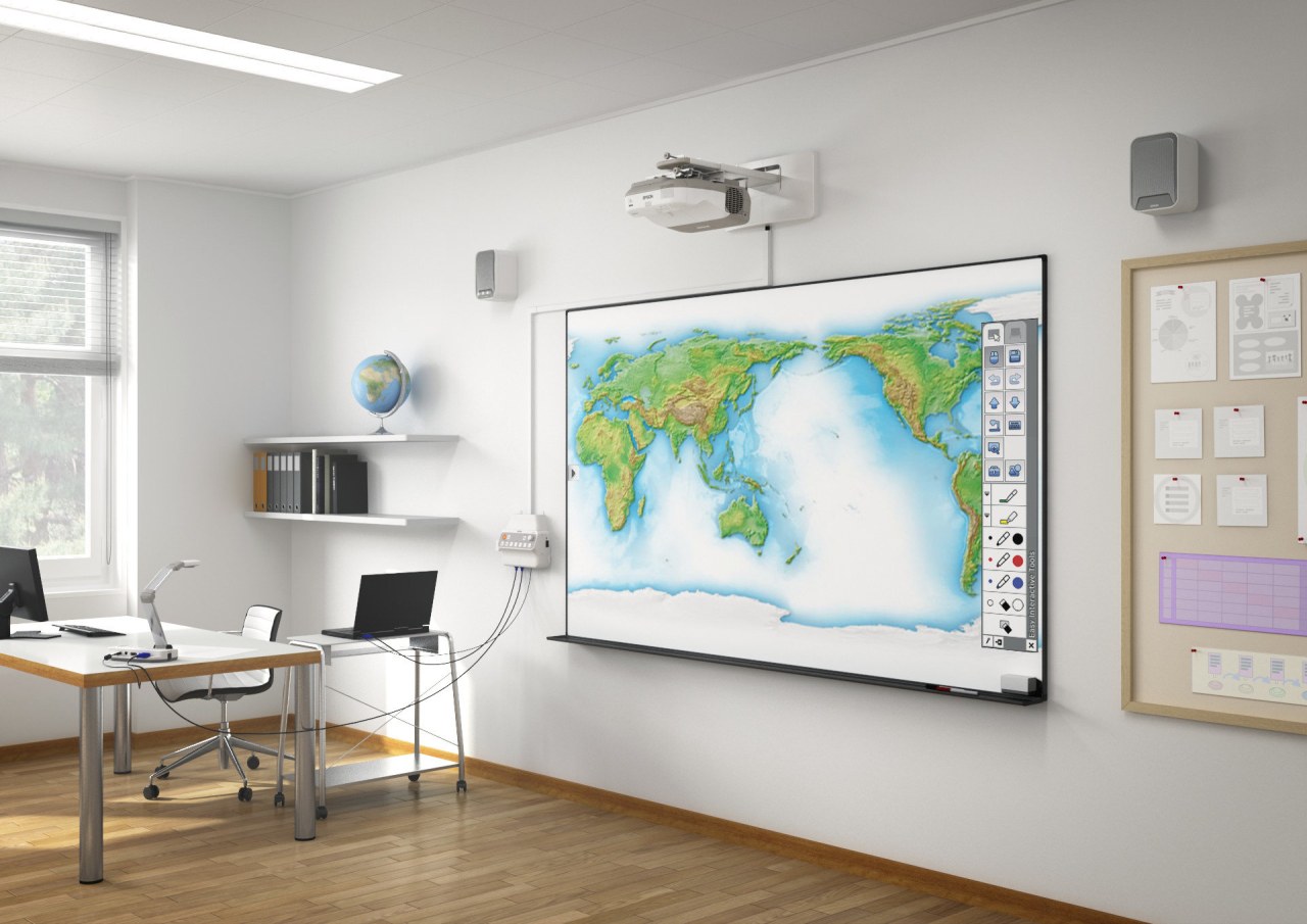 View of projector and electronic whiteboard displaying world classroom, interior design, room, gray