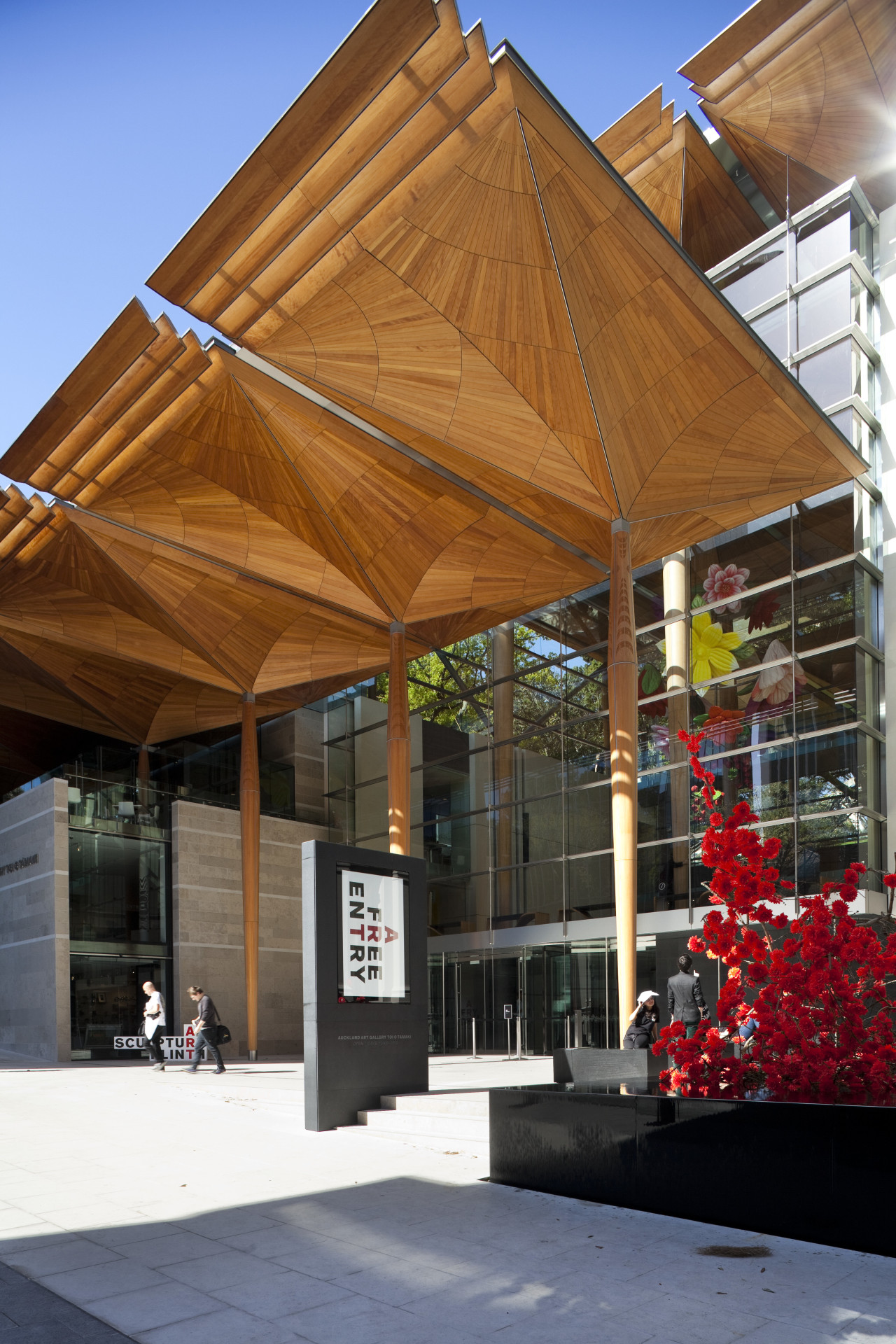 View of entrance to Auckland Art Gallery. architecture, canopy, facade, house, pavilion, roof, shade, brown