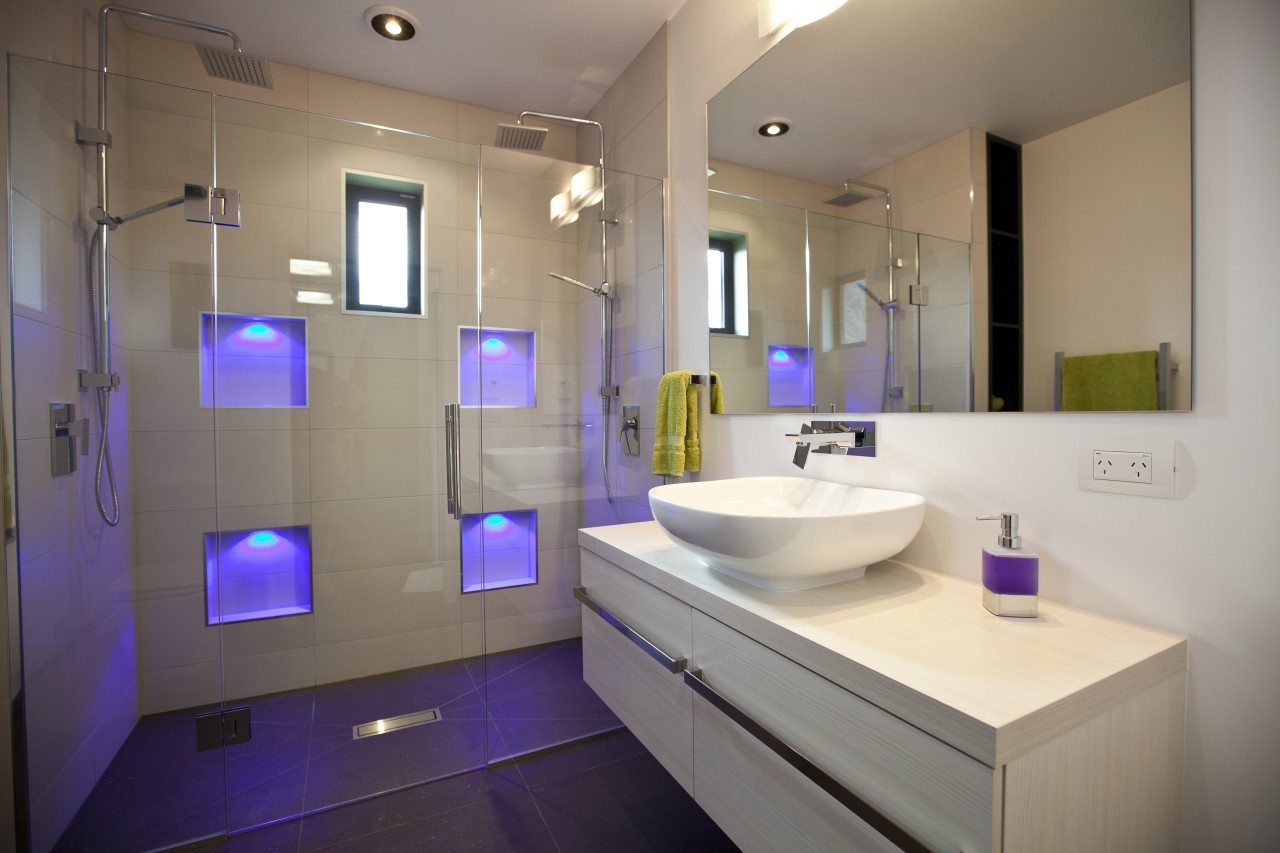 Bathroom with white vanity and raised basin, glass bathroom, home, interior design, product design, public toilet, purple, room, sink, gray