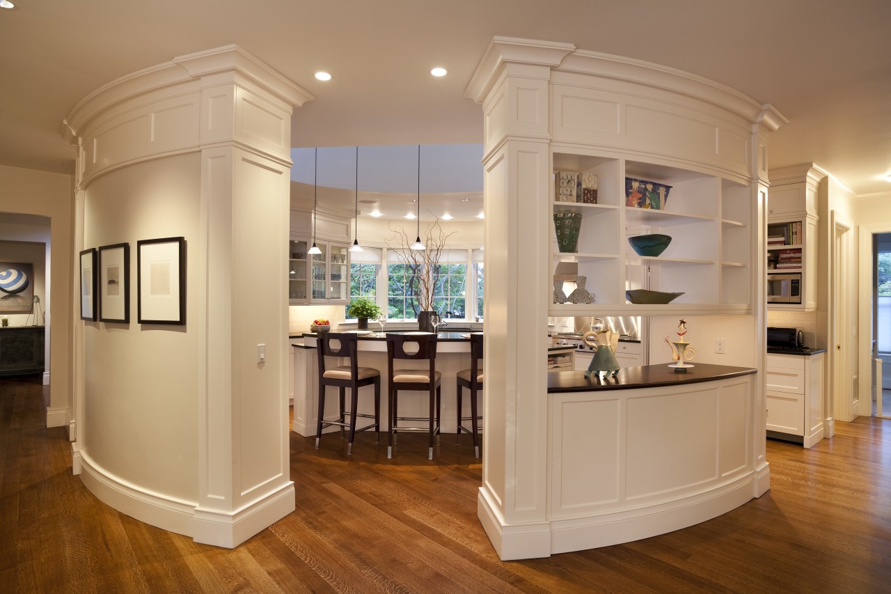 circular kitchen, white cabinets, dark benchtops, wooden floors. cabinetry, floor, flooring, hardwood, home, interior design, kitchen, room, wood flooring, orange, brown