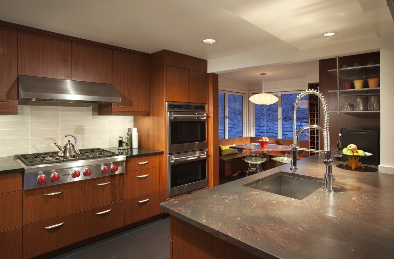 granite benchtop on island with sink, wooden cabinetry, cabinetry, countertop, cuisine classique, interior design, kitchen, real estate, room, brown