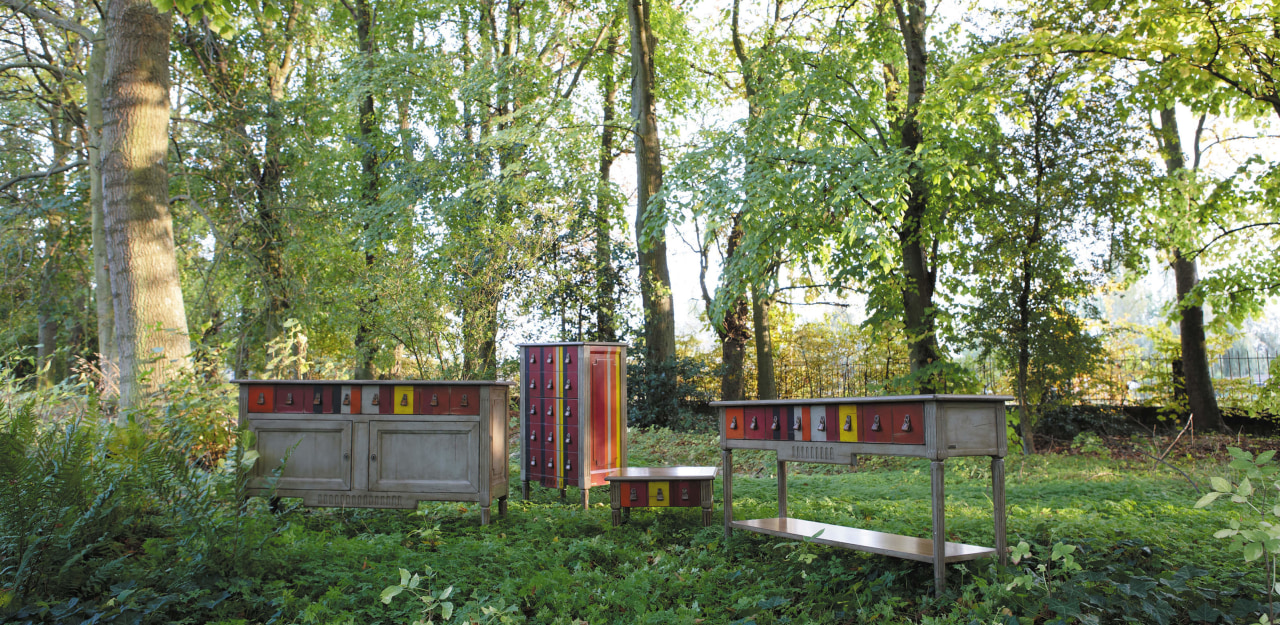 Furniture in outdoor area with trees. apiary, cottage, house, nature reserve, outdoor structure, real estate, tree, woodland, green