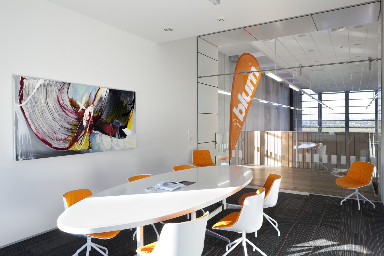 Boardroom with white table and orange seats. interior design, product design, table, white, gray