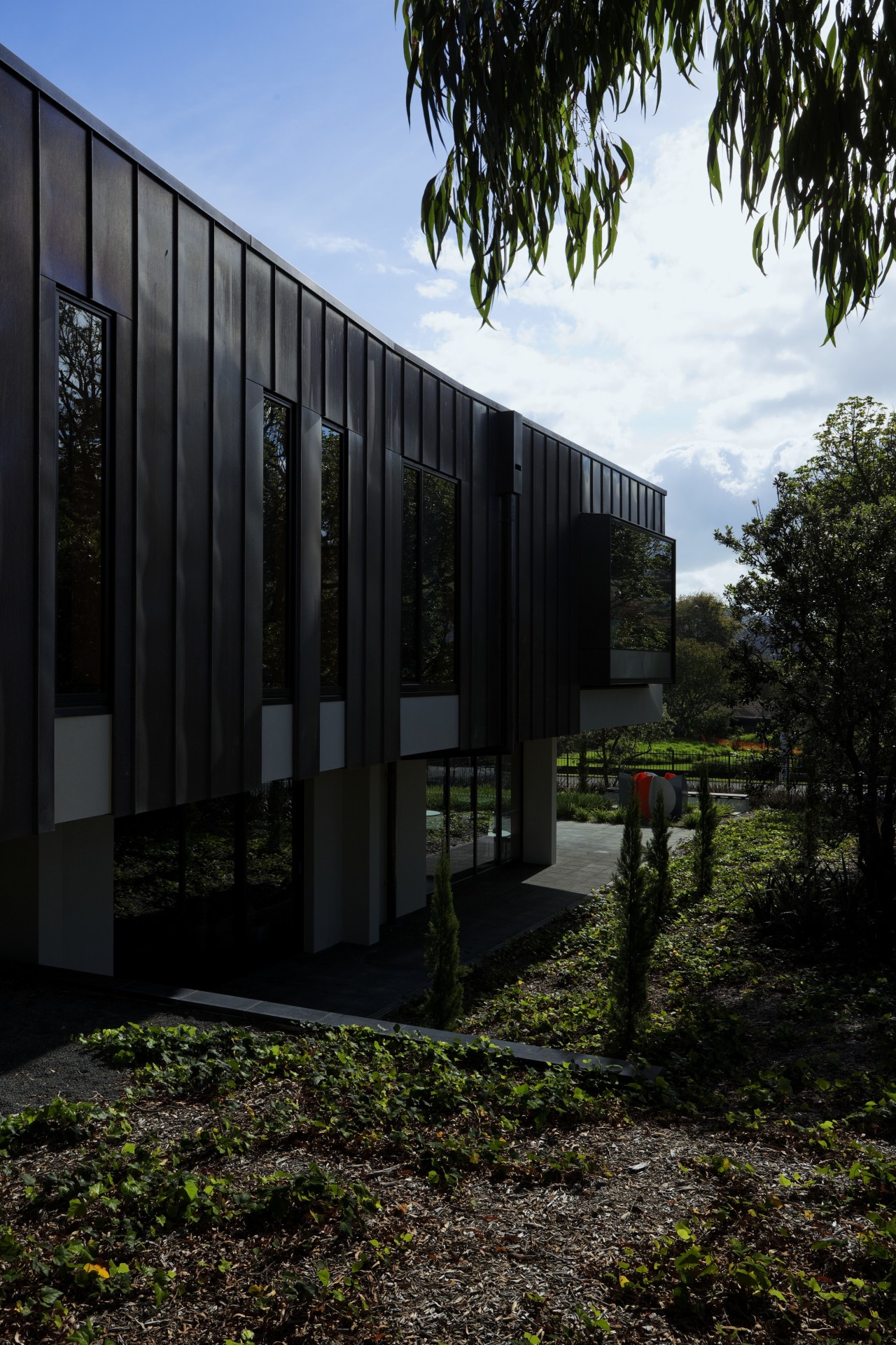 Exterior of house and garden. architecture, building, facade, grass, home, house, real estate, reflection, sky, sunlight, tree, black