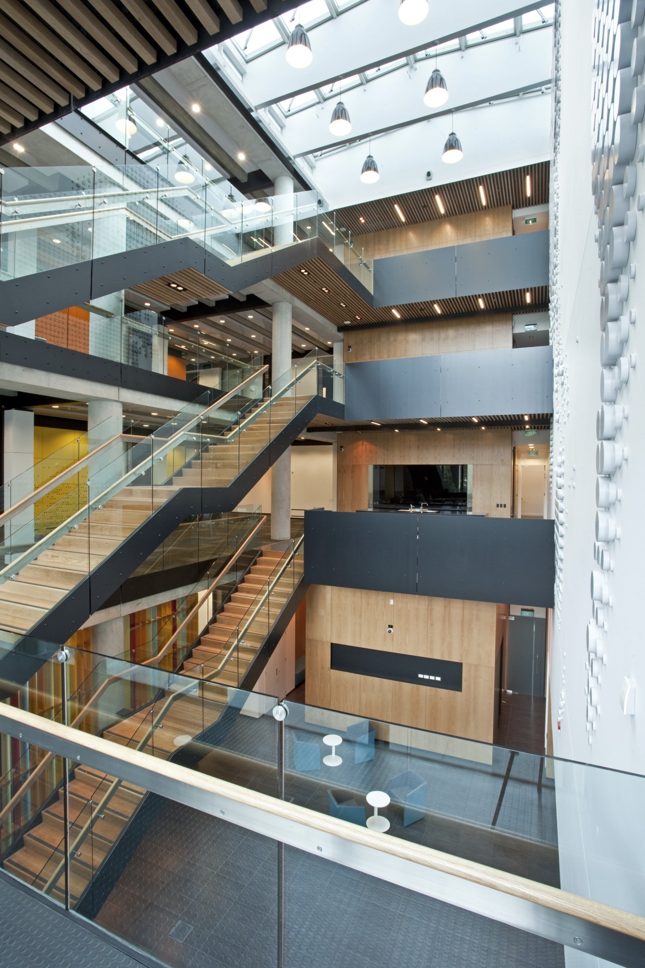 View of different levels of University building. architecture, building, daylighting, stairs, white
