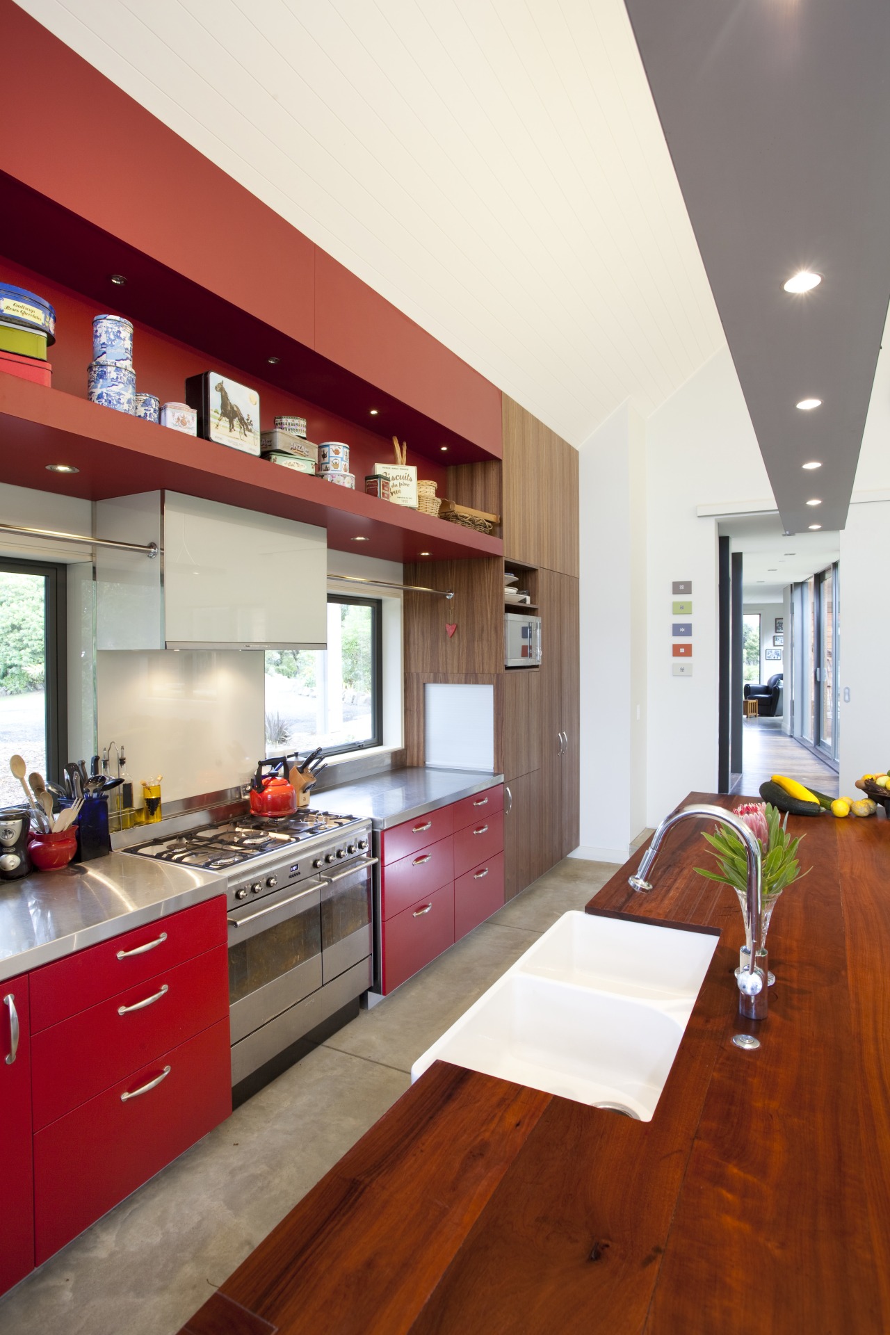 This home was painted with Resene Pohutukawa red, ceiling, countertop, interior design, kitchen, real estate, red, white