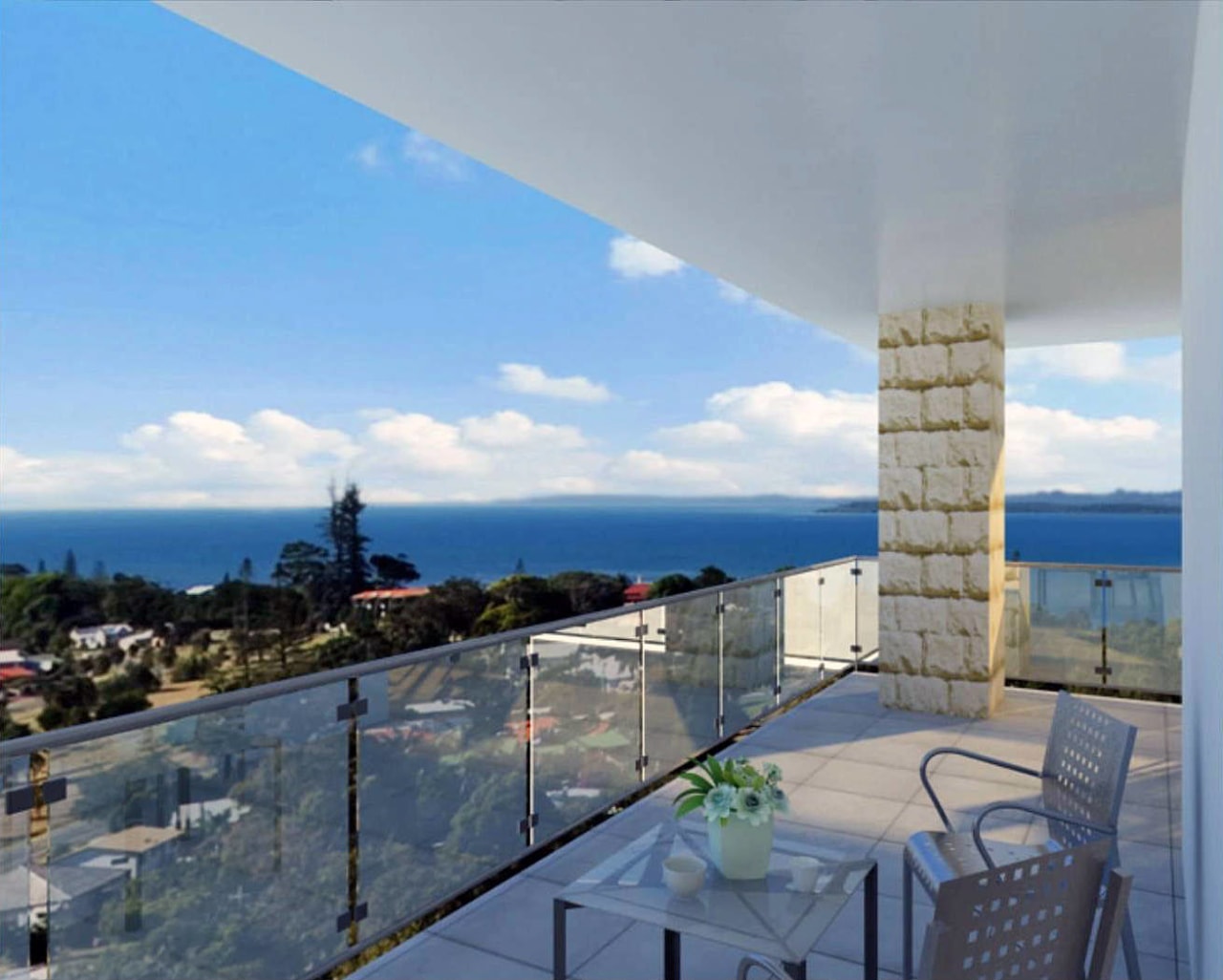 Balcony with view to sea. apartment, condominium, estate, home, penthouse apartment, property, real estate, roof, sea, sky, villa, gray