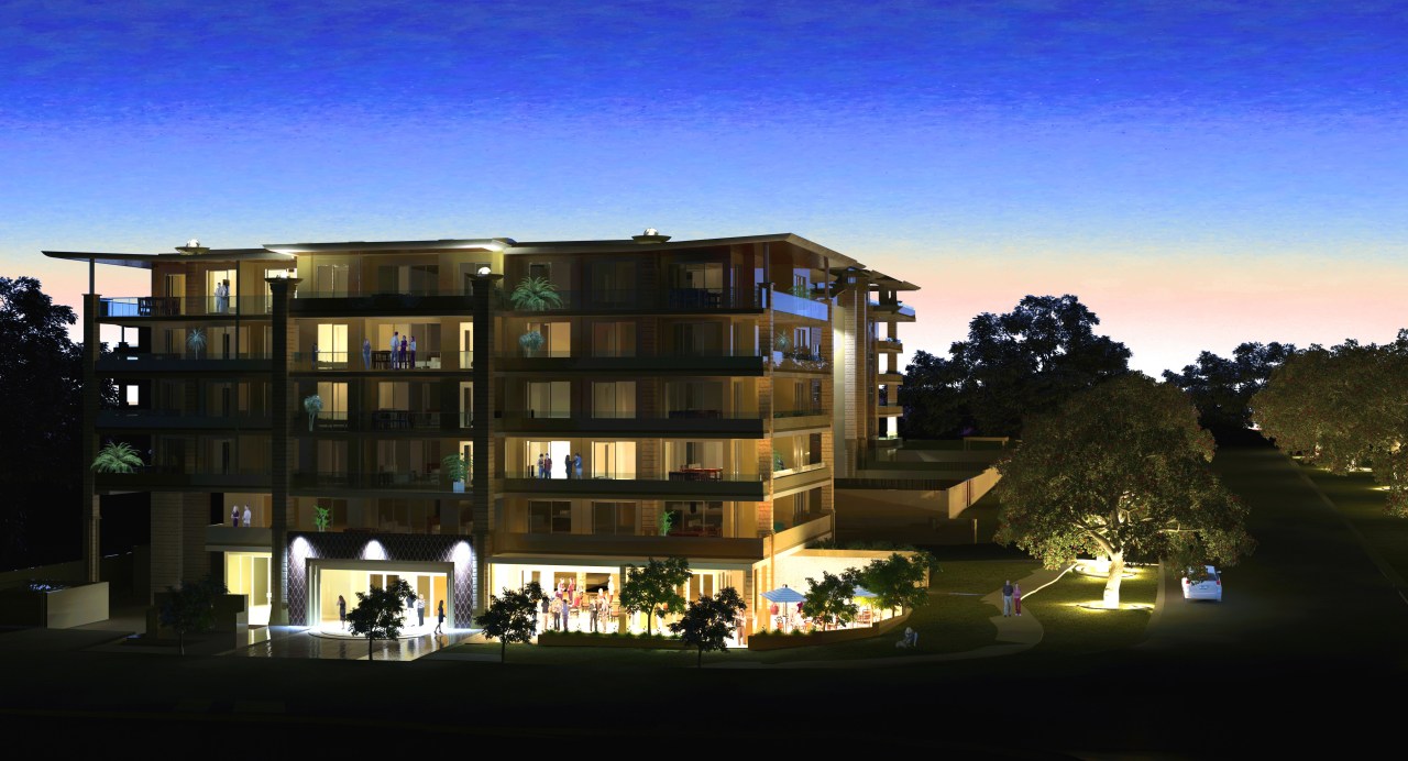 Exterior at night apartment, architecture, building, condominium, corporate headquarters, facade, home, hotel, mixed use, property, real estate, residential area, sky, black, blue