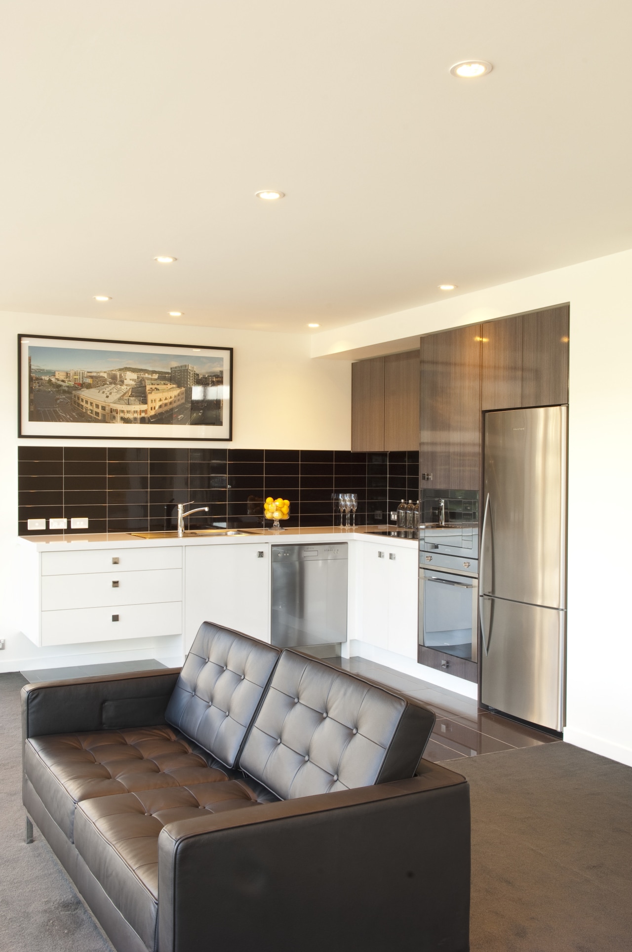 Lounge with grey couch and kitchen with white ceiling, home, house, interior design, living room, real estate, room, white