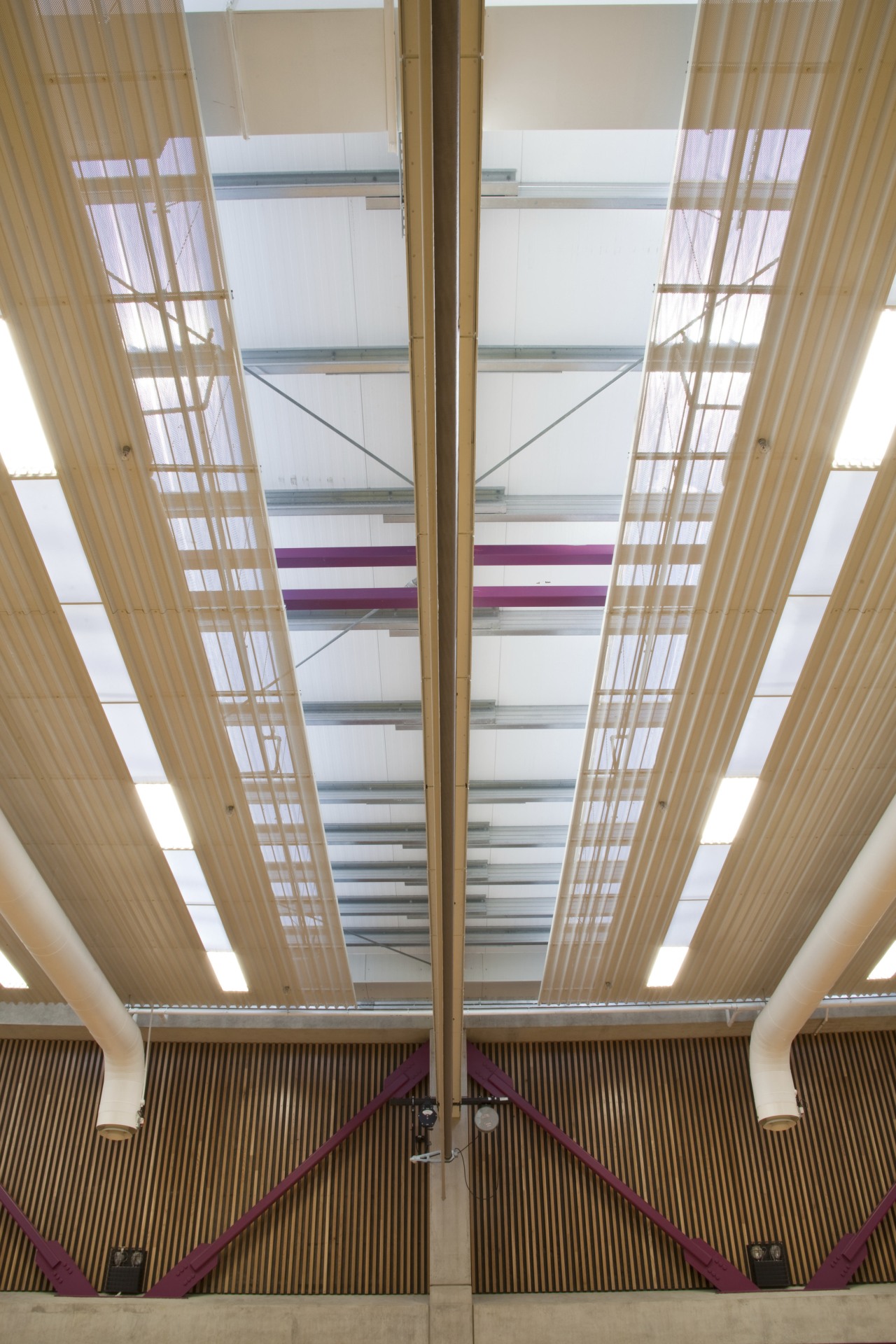 View of ceiling. architecture, beam, ceiling, daylighting, glass, interior design, line, roof, structure, window, wood, brown