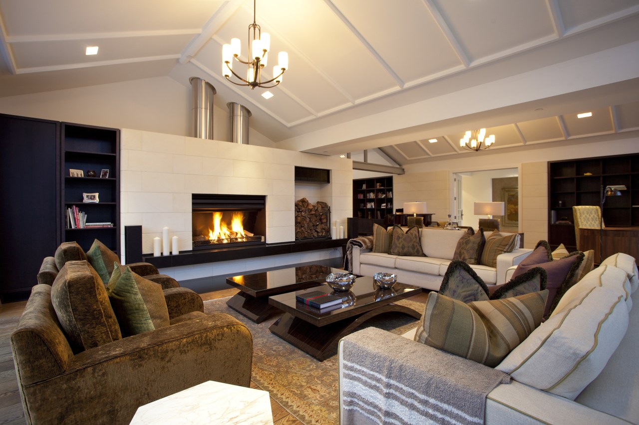 Fireplace, living room, couches, coffee tables, gabled roof ceiling, estate, home, interior design, living room, property, real estate, room, gray