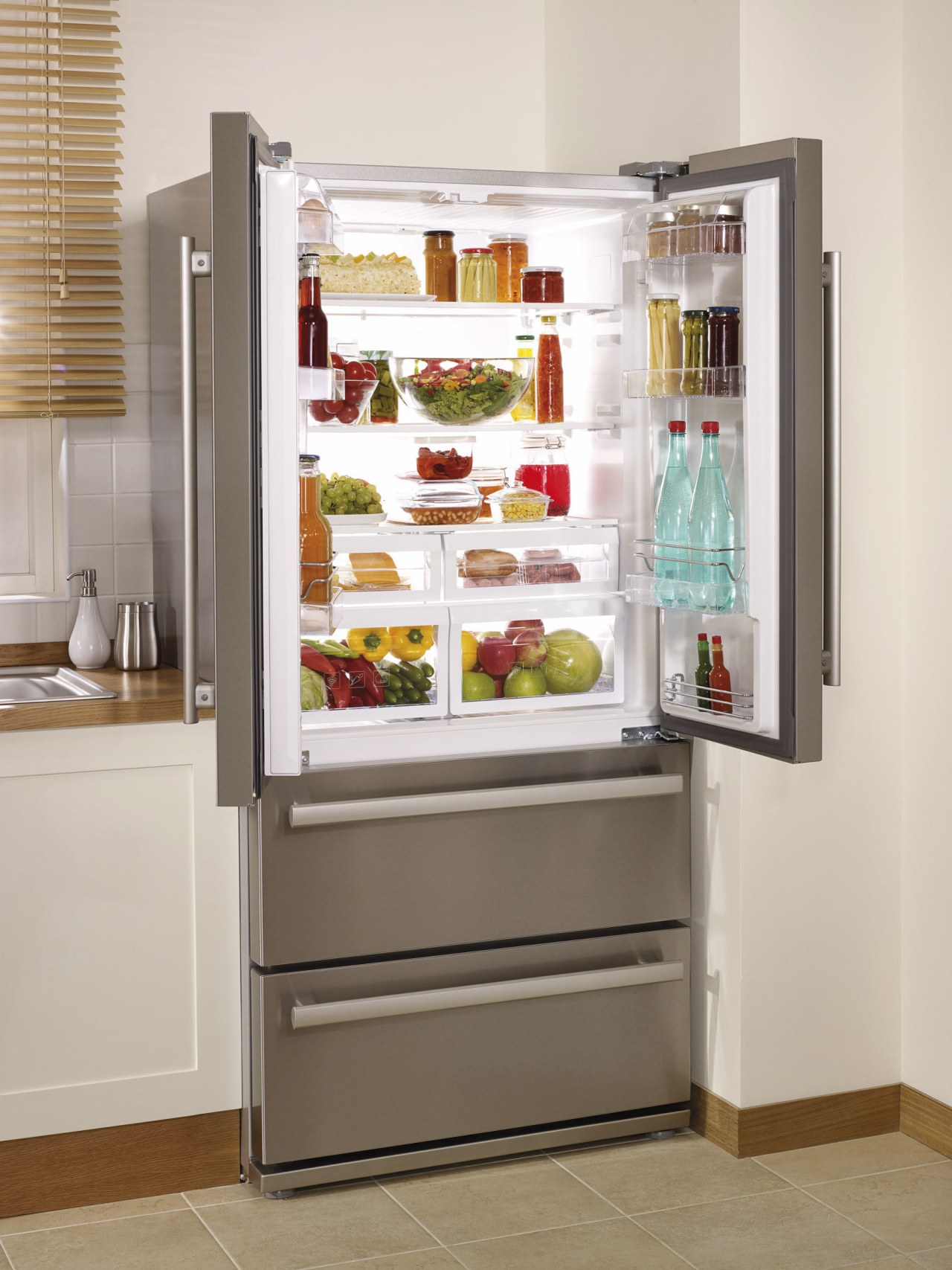 Fridge with doors open. display case, home appliance, kitchen appliance, major appliance, refrigerator, shelf, shelving, white