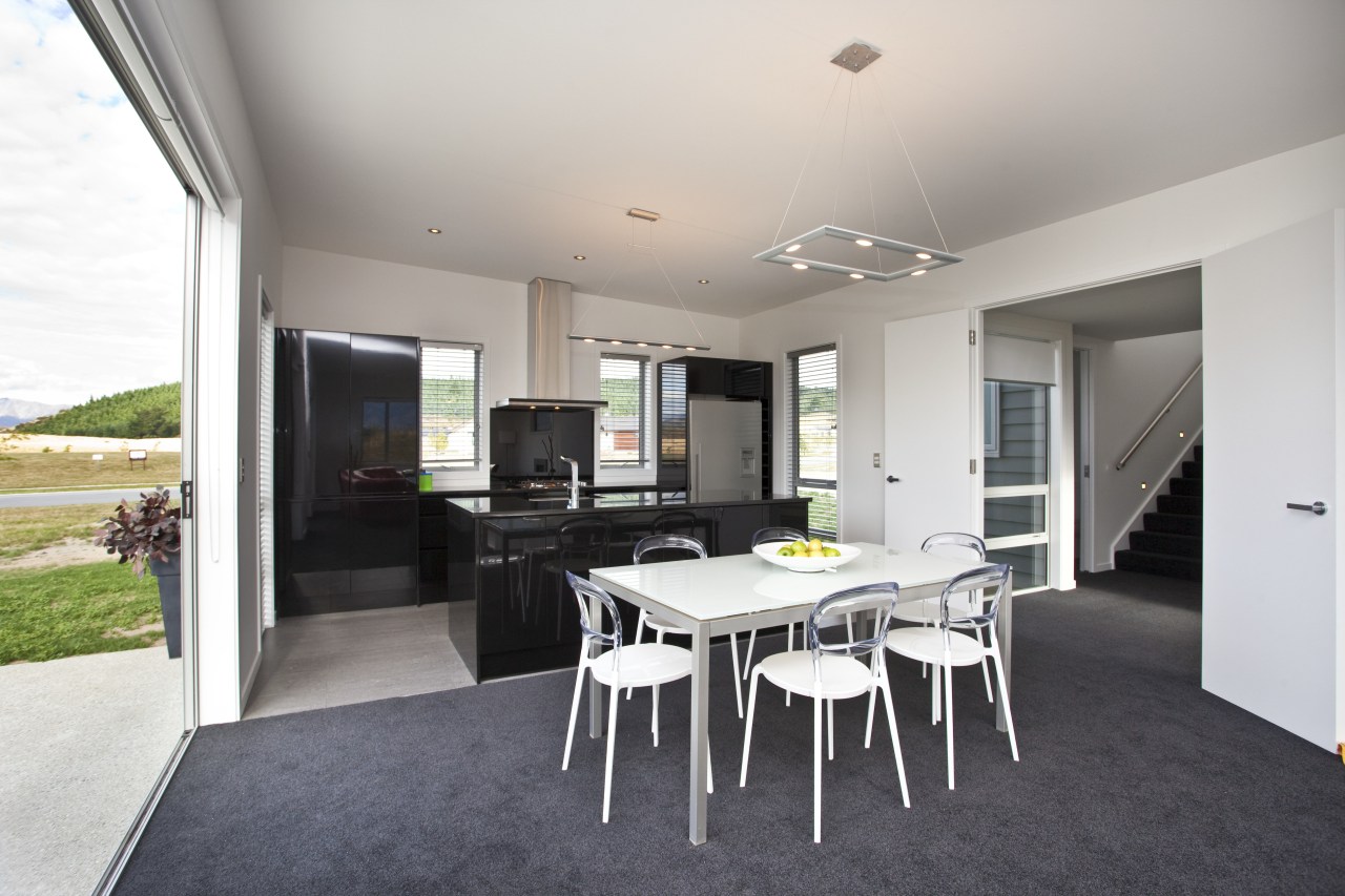 dining table and kitchen, dark cabinets and floors architecture, house, interior design, real estate, white, gray