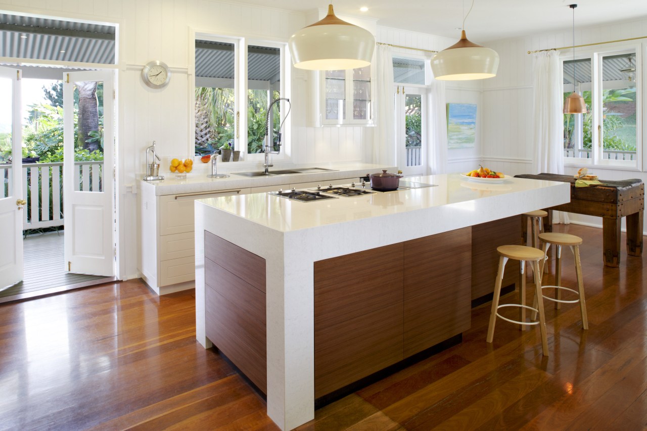 entire kitchen with overhead lamps cabinetry, countertop, cuisine classique, floor, flooring, hardwood, interior design, kitchen, laminate flooring, real estate, room, wood flooring, white, brown