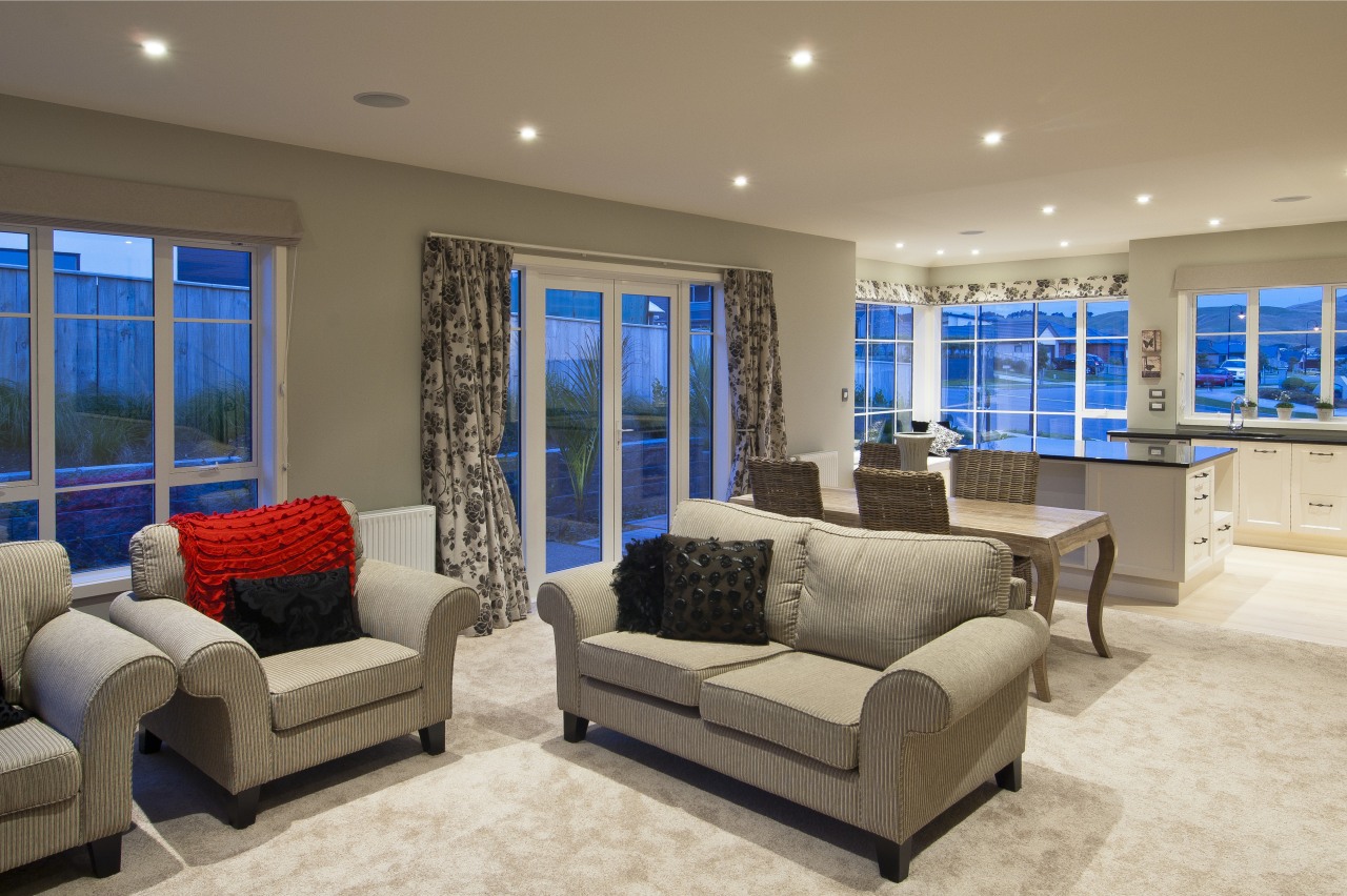 lounge dining table and kitchen, grey and white ceiling, estate, home, interior design, living room, property, real estate, room, window, brown, orange