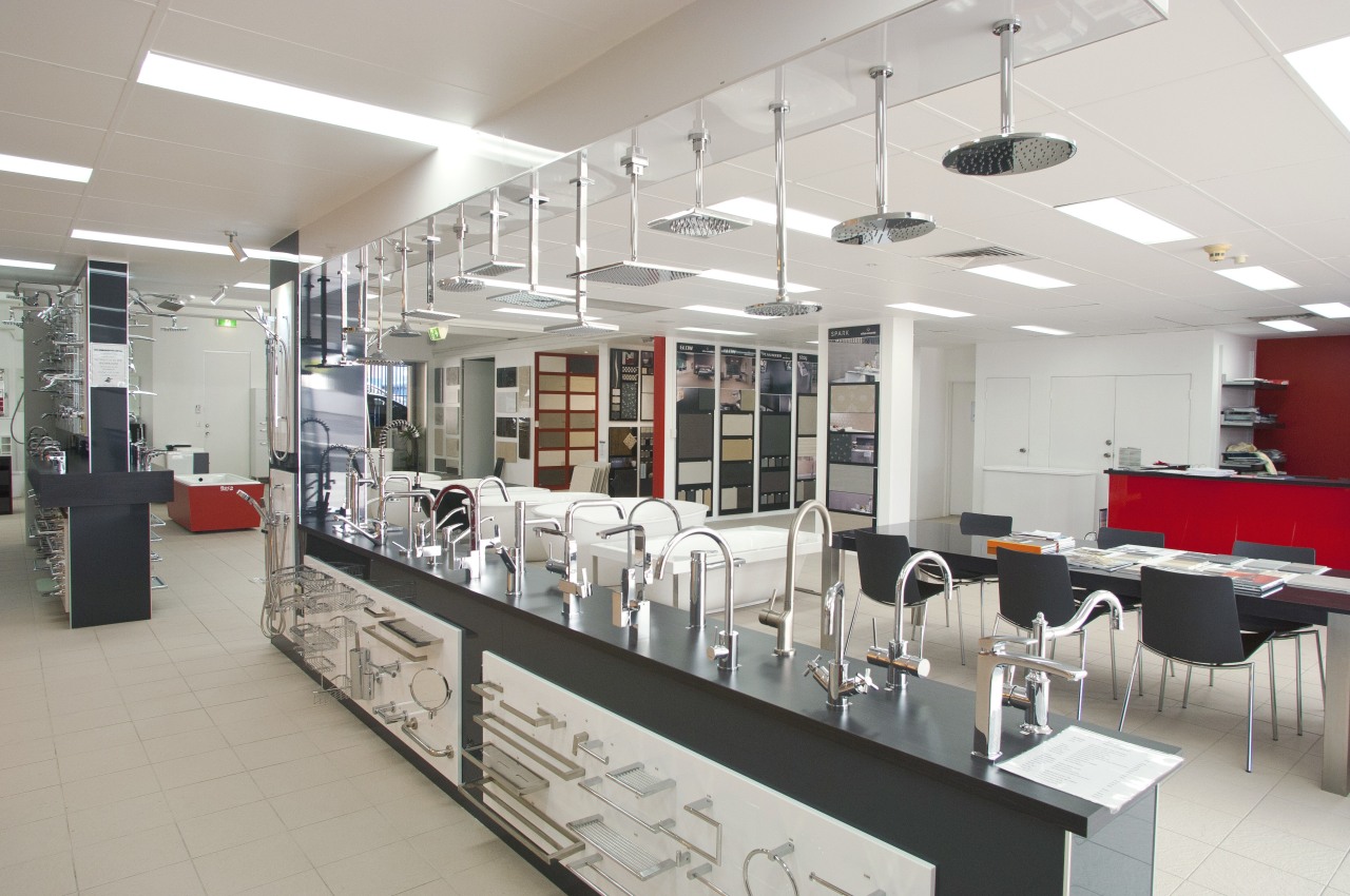 shop floor showing range of taps and showerheads interior design, gray