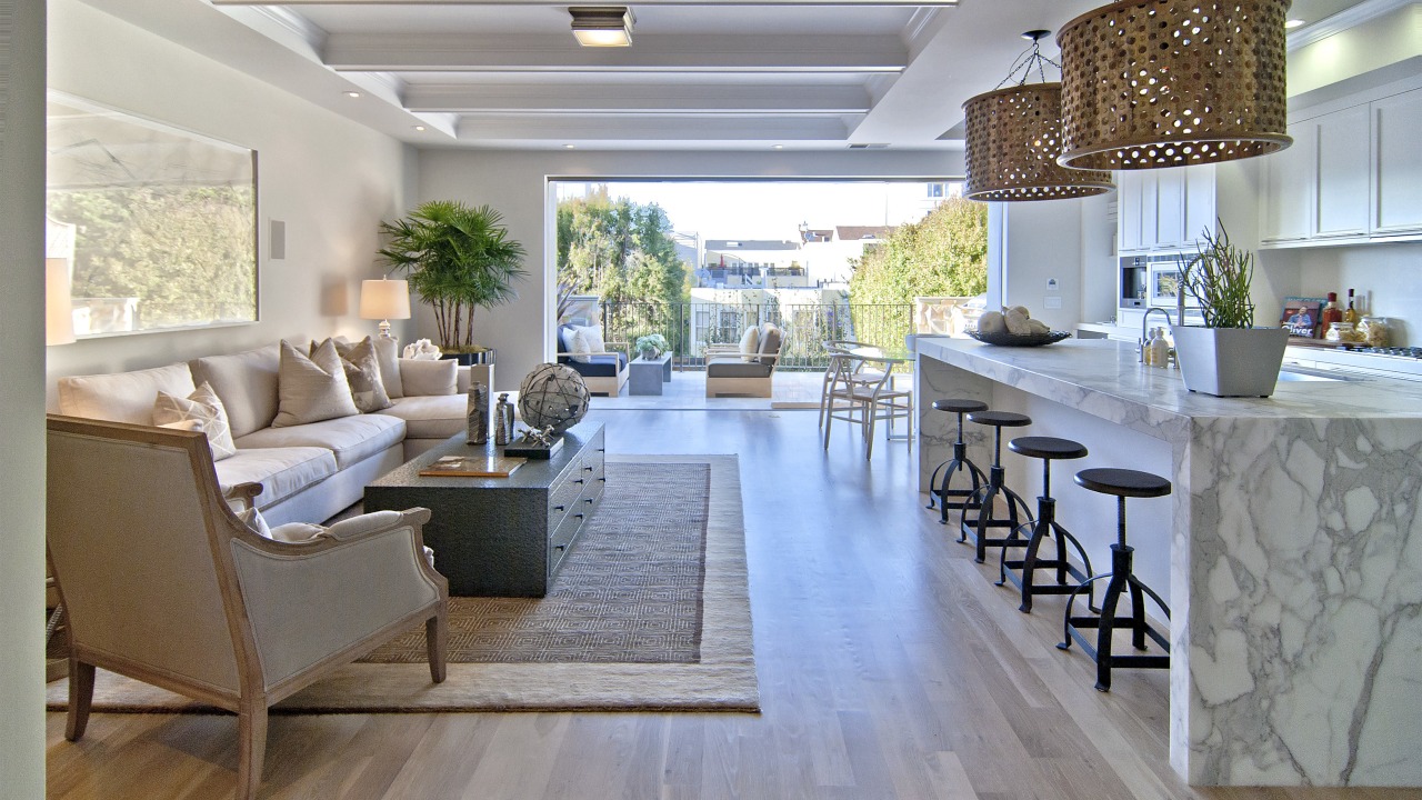 This kitchen was designed by Scott Martin of floor, flooring, furniture, home, interior design, living room, room, gray