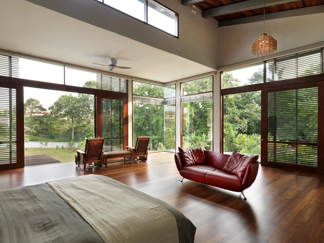 This master bedroom has a peaceful air, matching architecture, ceiling, daylighting, door, estate, floor, flooring, hardwood, home, house, interior design, living room, real estate, window, wood, wood flooring, gray