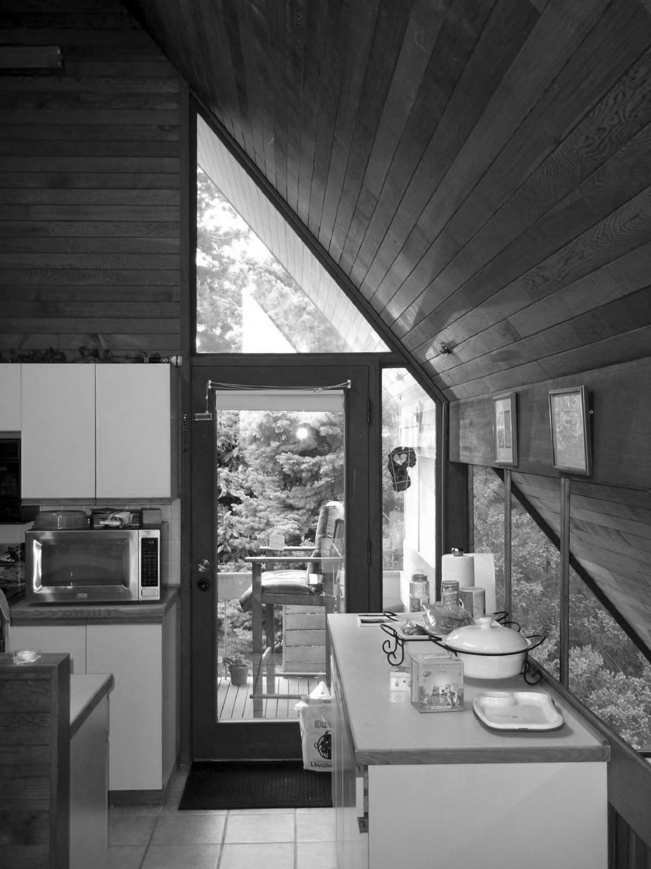 Detail image of the original kitchen in a architecture, black and white, daylighting, home, house, interior design, monochrome, monochrome photography, window, black, gray