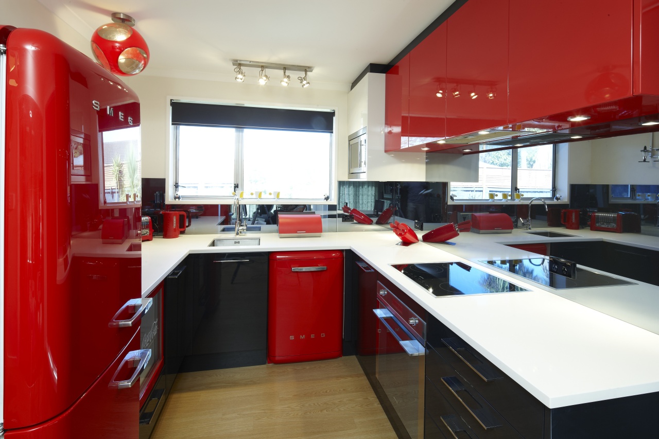 Another view of the kitchen. countertop, interior design, kitchen, room, red, white