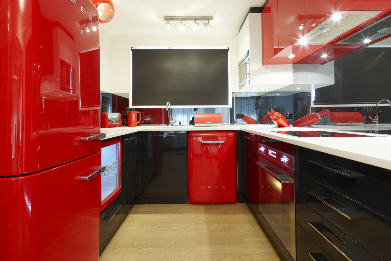 Another view of the kitchen. countertop, interior design, kitchen, red, room, red