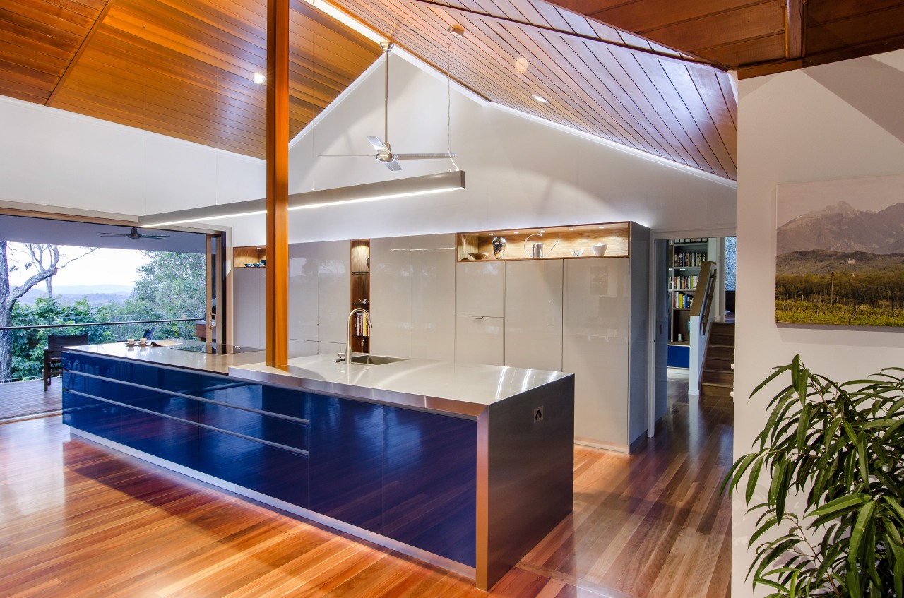 This kitchen is open to the view on architecture, ceiling, daylighting, estate, hardwood, home, house, interior design, kitchen, real estate, wood, gray