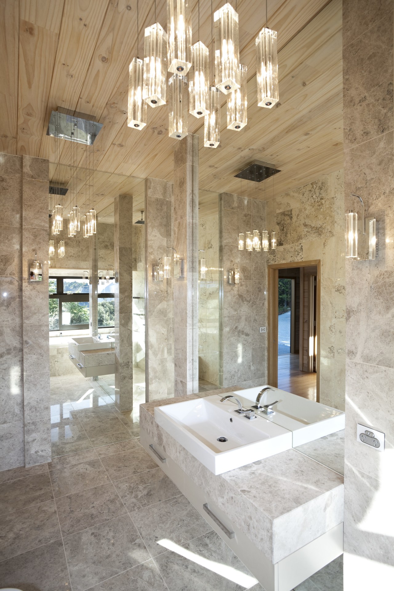 In this new bathroom, translucent light fittings pick architecture, bathroom, ceiling, daylighting, estate, floor, home, interior design, tile, white