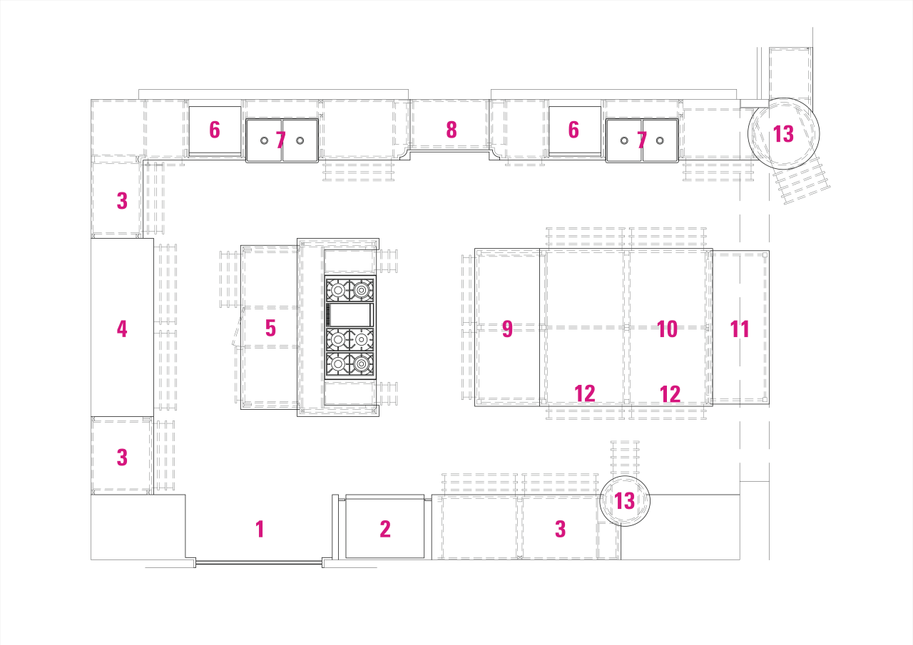 Legend to plan of kitchen by Leon Hous: angle, area, design, diagram, floor plan, font, line, pattern, plan, product, product design, purple, structure, text, white