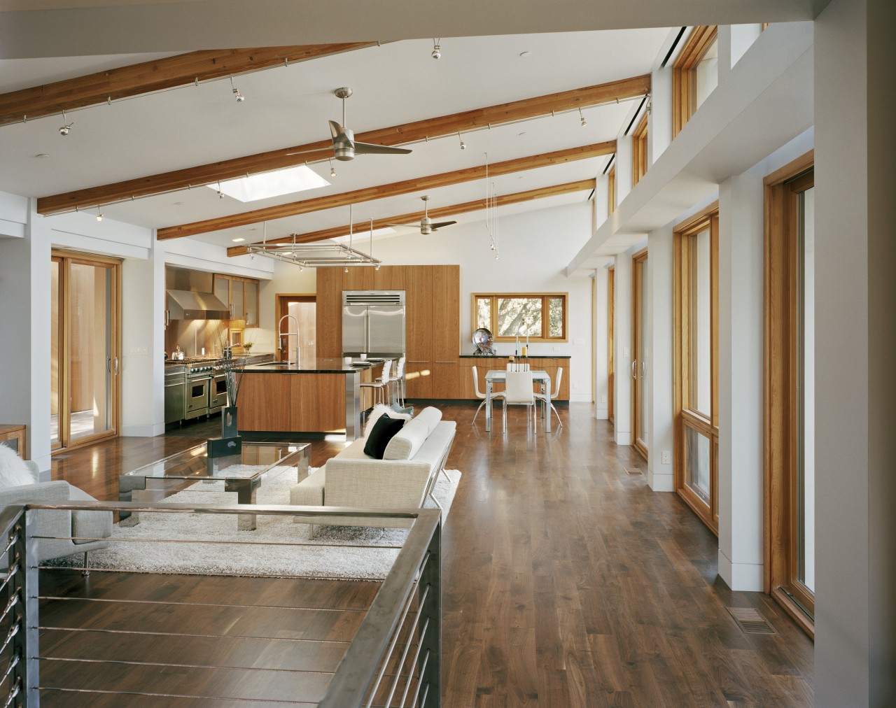 contemporary timber kitchen with granite benchtops and wooden ceiling, daylighting, floor, flooring, hardwood, house, interior design, living room, loft, real estate, wood, wood flooring, gray, brown