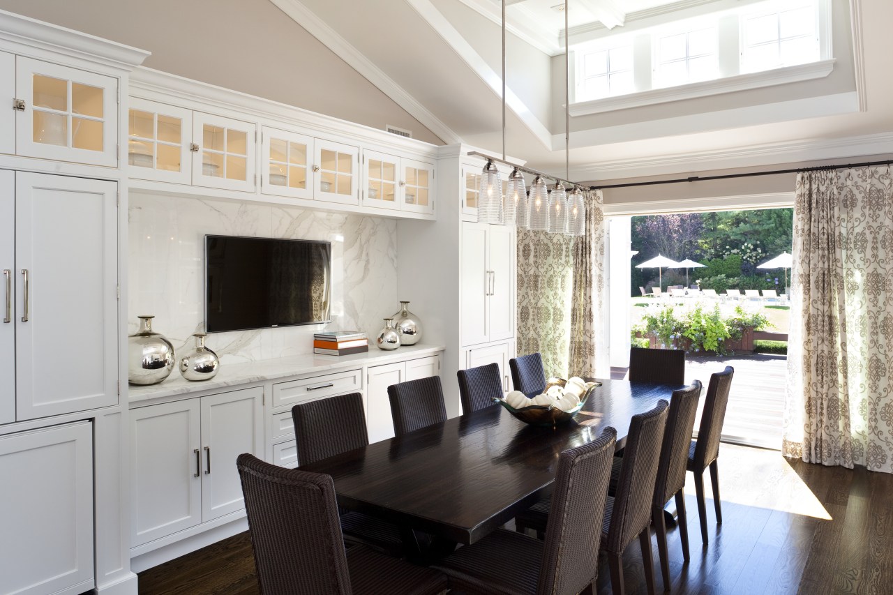 A view of the dining room. cuisine classique, dining room, interior design, kitchen, real estate, room, window, white