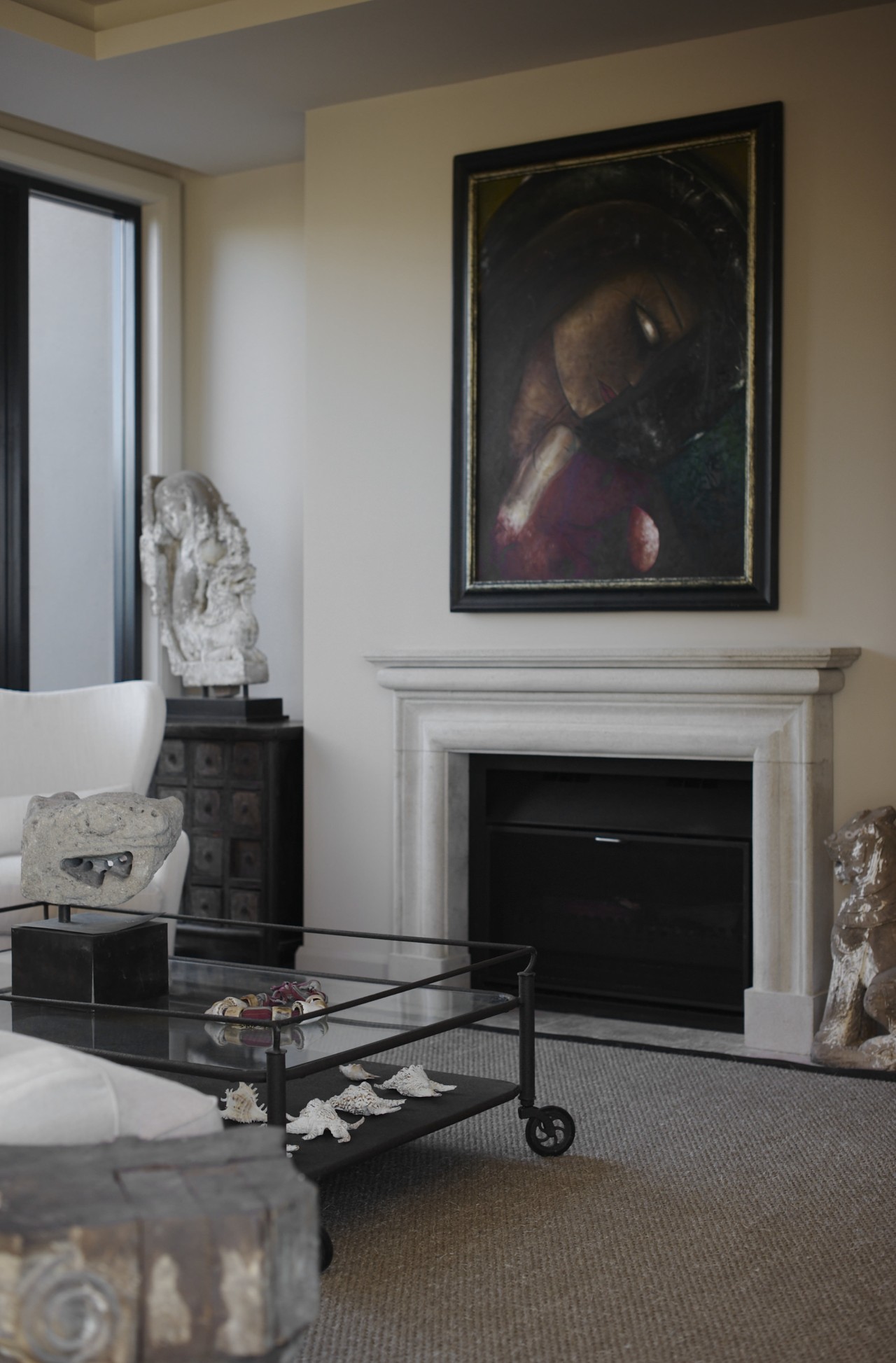 Contemporary, eclectic interior by designer Garth Barnett fireplace, floor, flooring, furniture, hearth, home, interior design, living room, room, table, gray, black