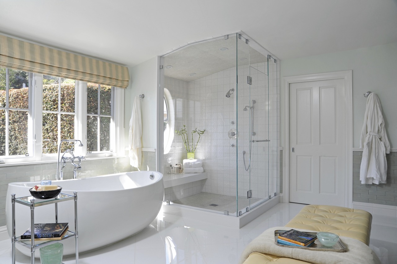 The freestanding Picasso tub in this remodeled bathroom bathroom, home, interior design, plumbing fixture, room, window, gray