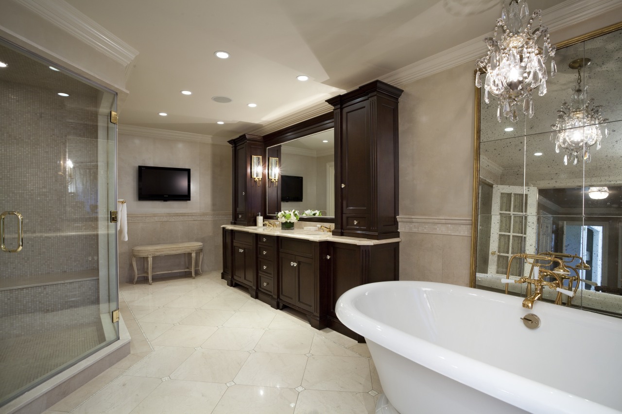 A large mirror doubles the apparent size of bathroom, ceiling, estate, floor, home, interior design, property, real estate, room, gray