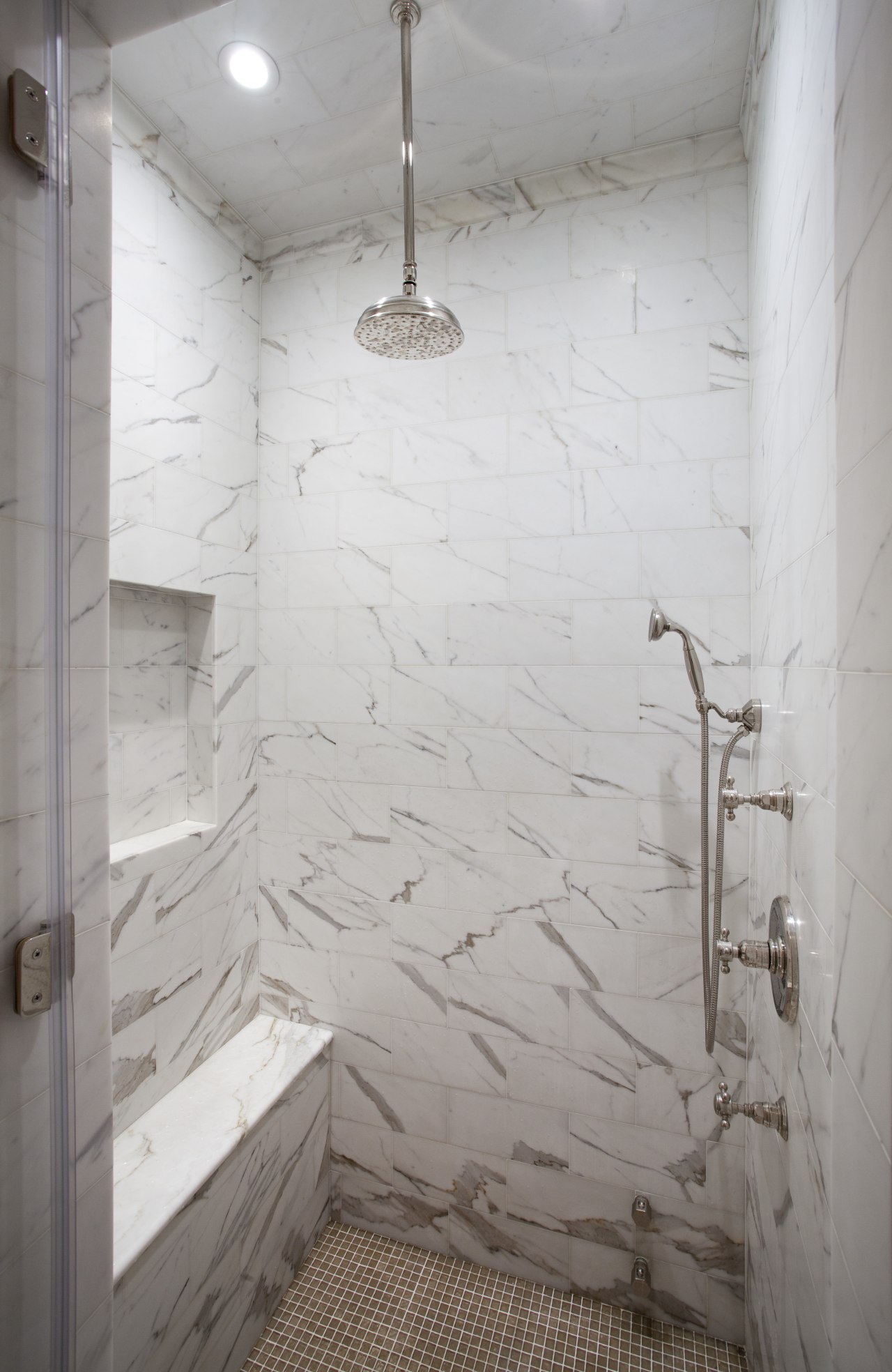 Pale white with a subtle gray veining, Calacatta bathroom, floor, plumbing fixture, room, shower, tile, wall, gray