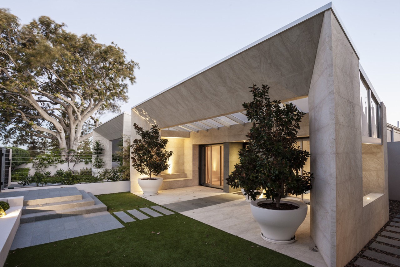 A new sandstone-clad form frames the entry to architecture, building, estate, facade, home, house, property, real estate, residential area, villa, gray, brown