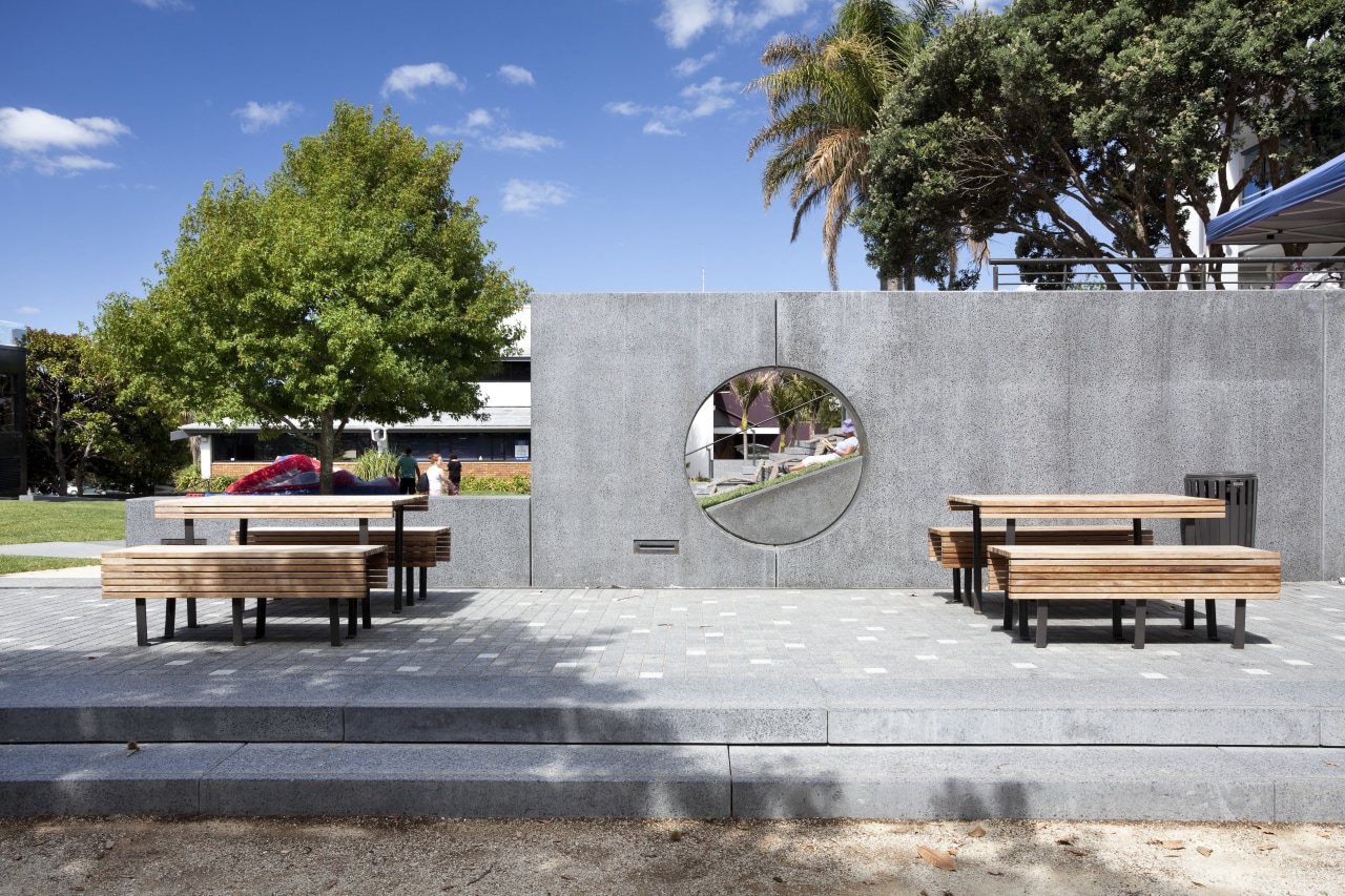 Hurstmere Green revitalises Takapuna architecture, bench, furniture, outdoor furniture, table, gray